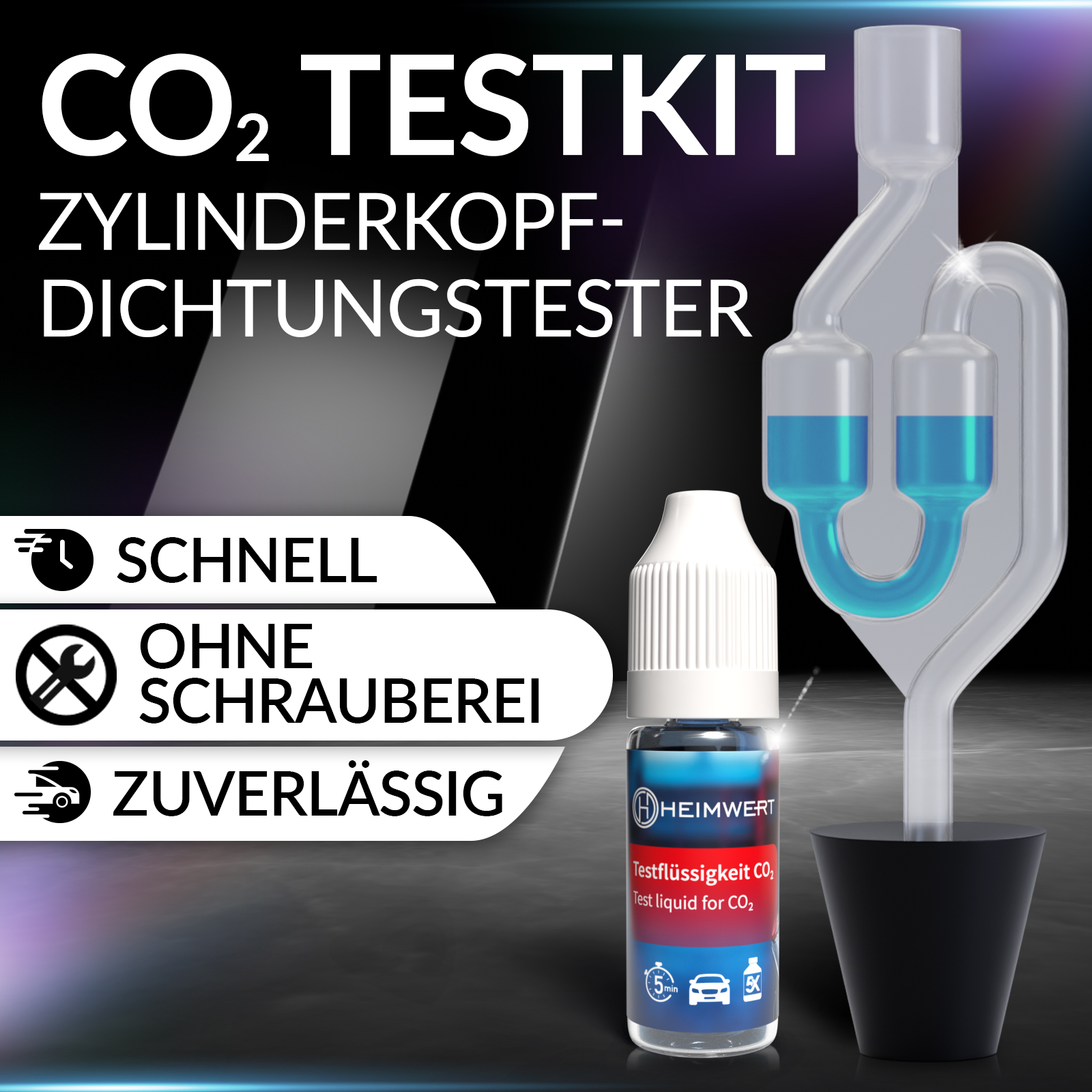 CO2-Testkit mit Text, einer Flasche und transparenten Röhrchen mit blauer Flüssigkeit.