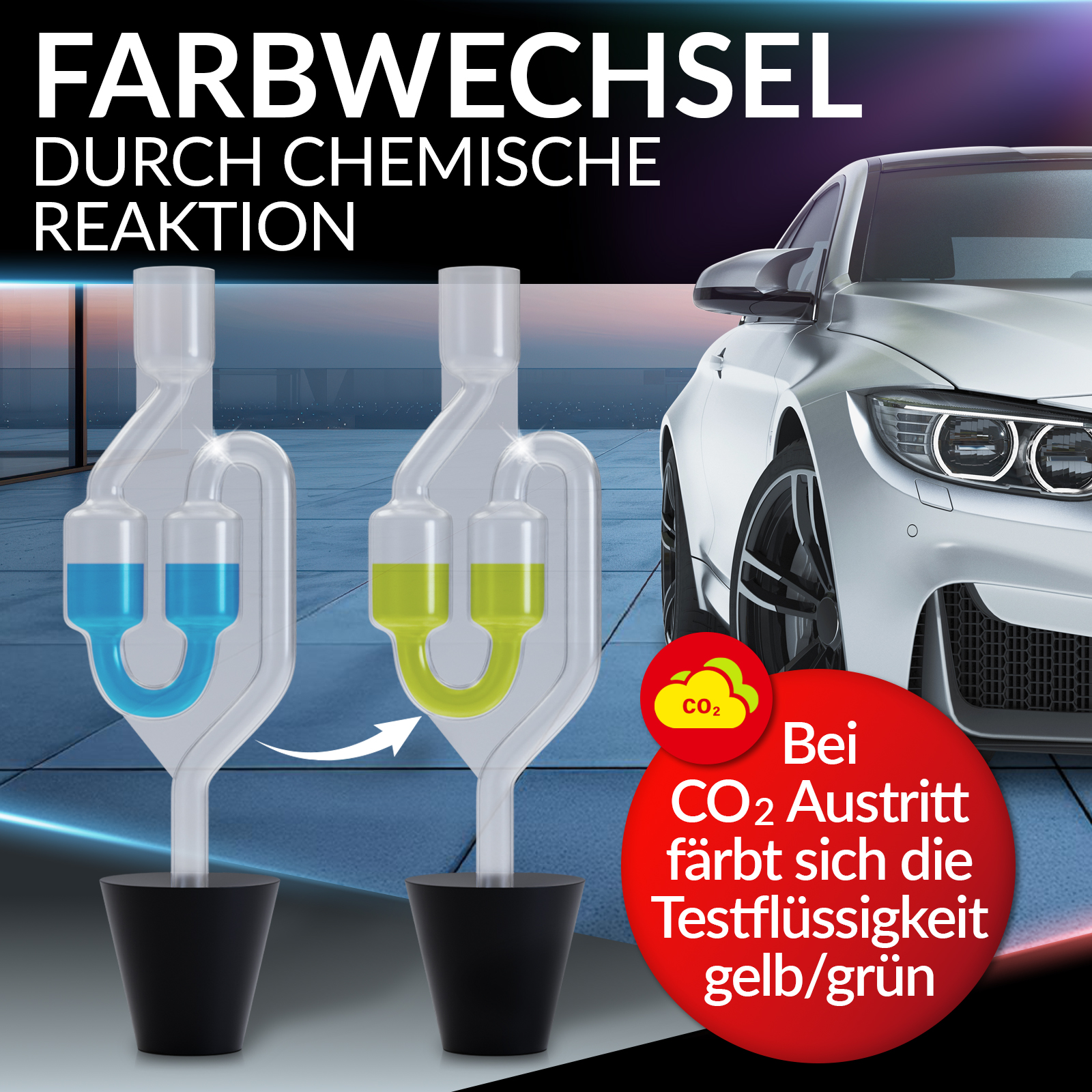 Zwei Glasröhren mit farbigen Flüssigkeiten. Ein Auto im Hintergrund und ein Text beschreibt eine Reaktion.