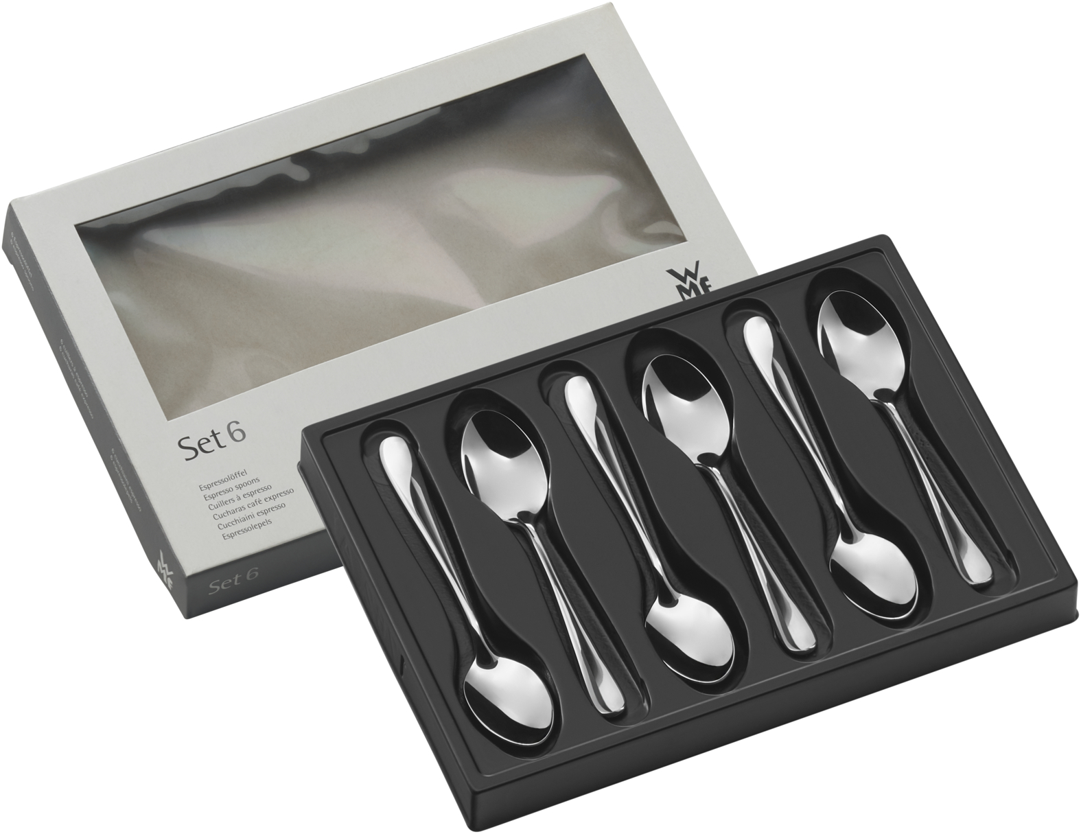 Ein Set aus sechs silbernen Löffeln in einer schwarzen Schale und einer weißen Box. Die Löffel sind glänzend.