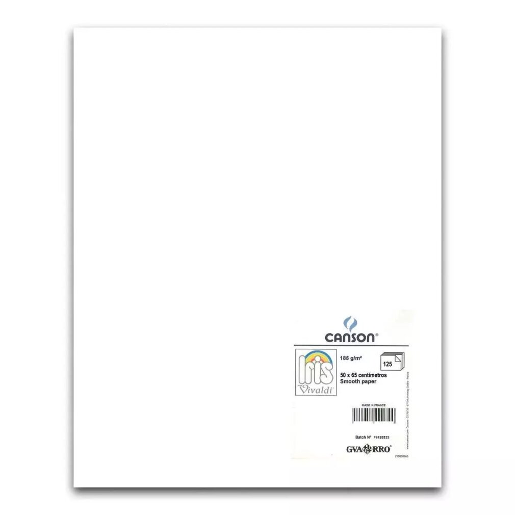 Ein weißes Blatt Canson-Papier mit Text und einer Chargennummer. Der Text ist auf Französisch.