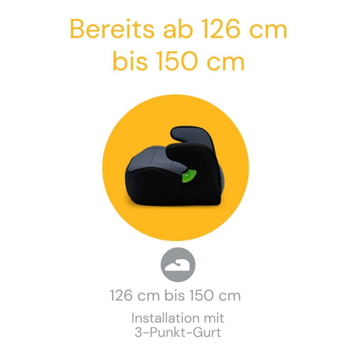 Ein Kindersitz in einem gelben Kreis, Text oben und unten weist auf die Größe hin.