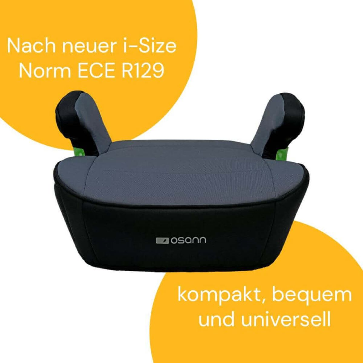 Ein Kindersitz mit grauem Sitz, schwarzen Seiten und dem Markennamen Osann.