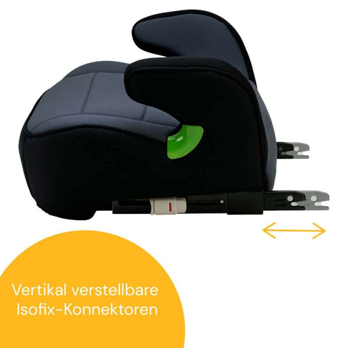 Ein Kindersitz mit grauem Sitz, schwarzen Seiten und Isofix-Anschlüssen. Gelber Kreis unten.
