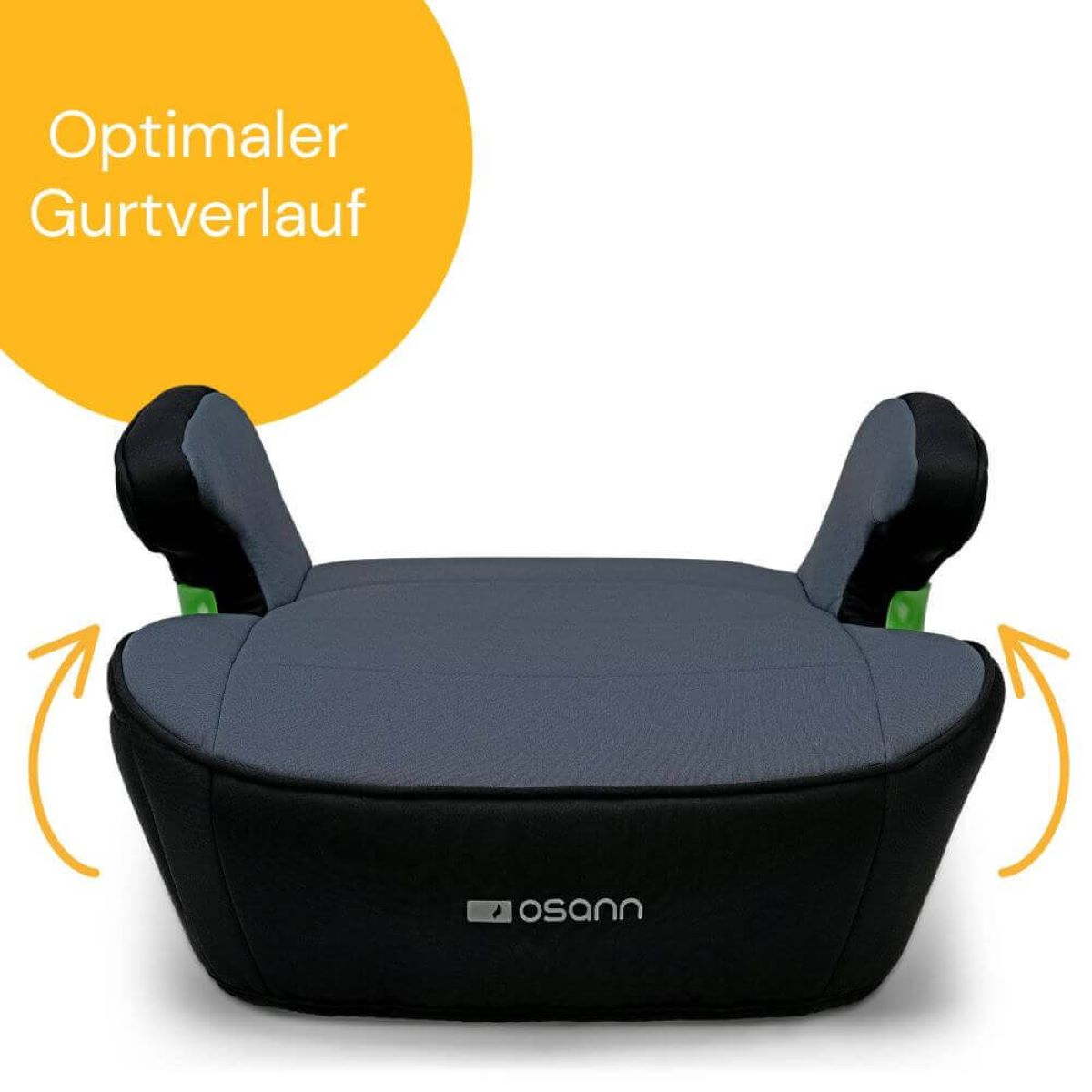 Ein Kindersitz mit grauem Sitz und schwarzen Seiten und einem gelben Kreis darüber.