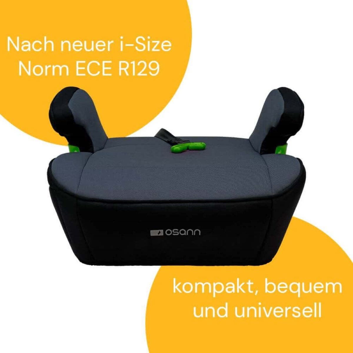 Ein Autositz mit Kindersicherheitslabel. Der Sitz ist grau und schwarz mit grünen Akzenten.