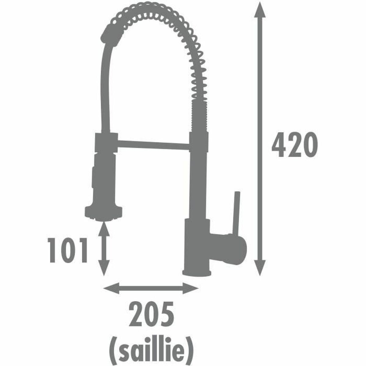 Un disegno di un rubinetto con dimensioni in millimetri. Include le misure di altezza e larghezza.