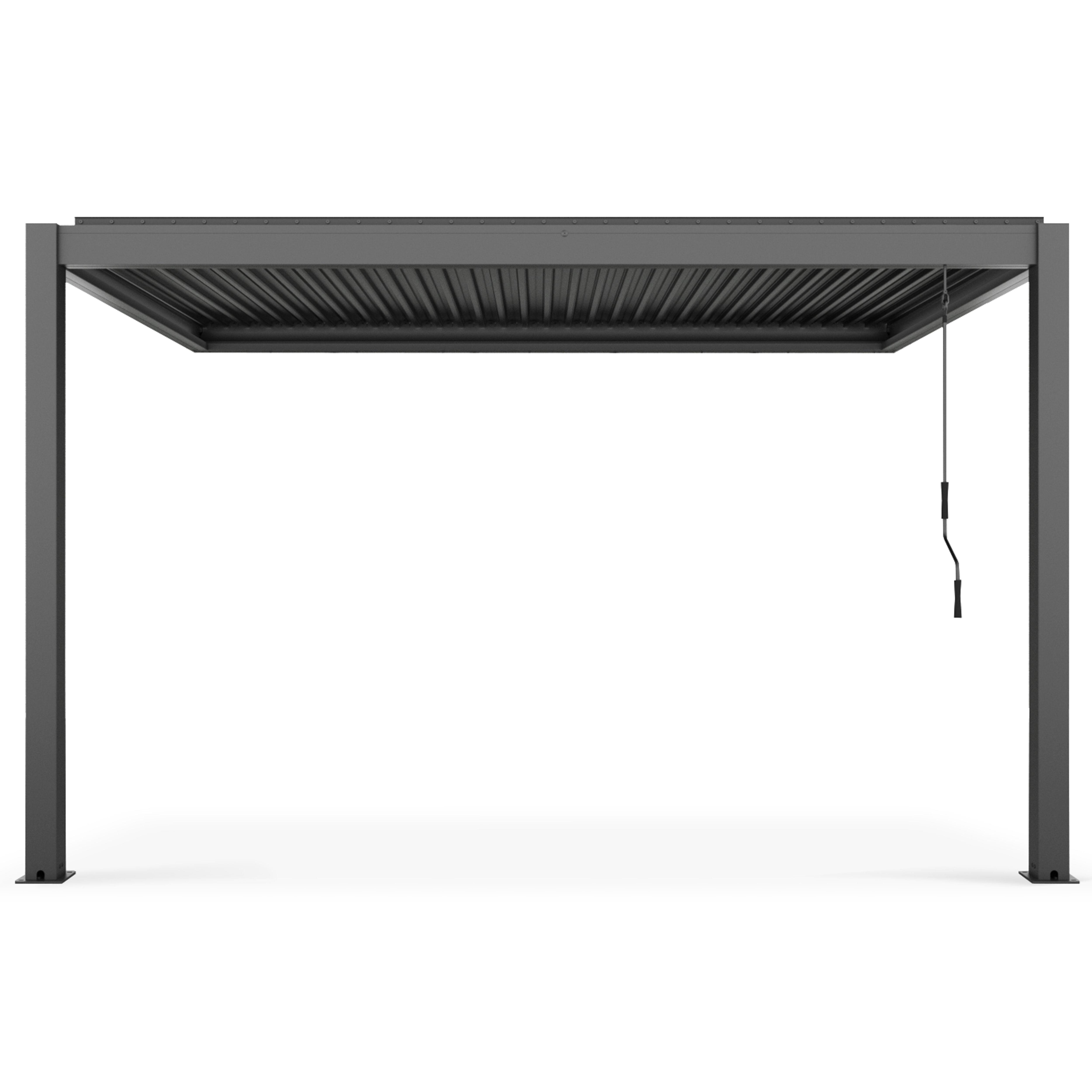 Ein Metall-Pergola-Rahmen auf weißem Hintergrund. Es ist rechteckig mit einem einziehbaren Dach.