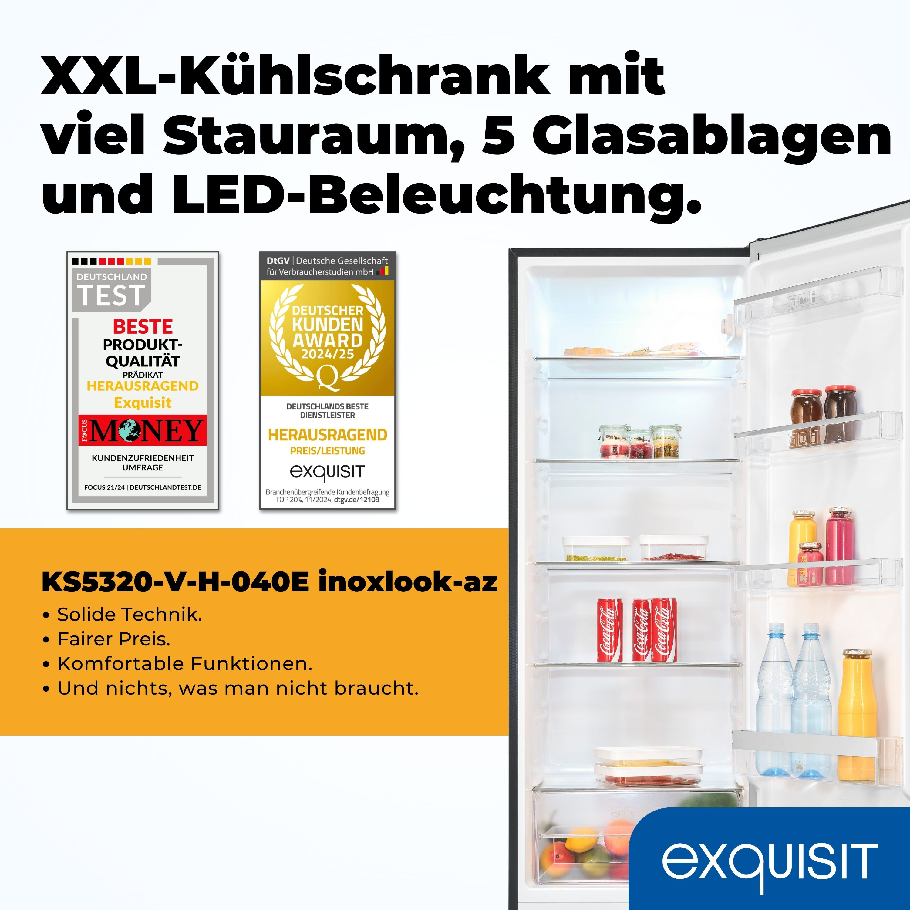Ein Kühlschrank mit Auszeichnungen und Produkten im Inneren, mit Text über Stauraum und Funktionen.