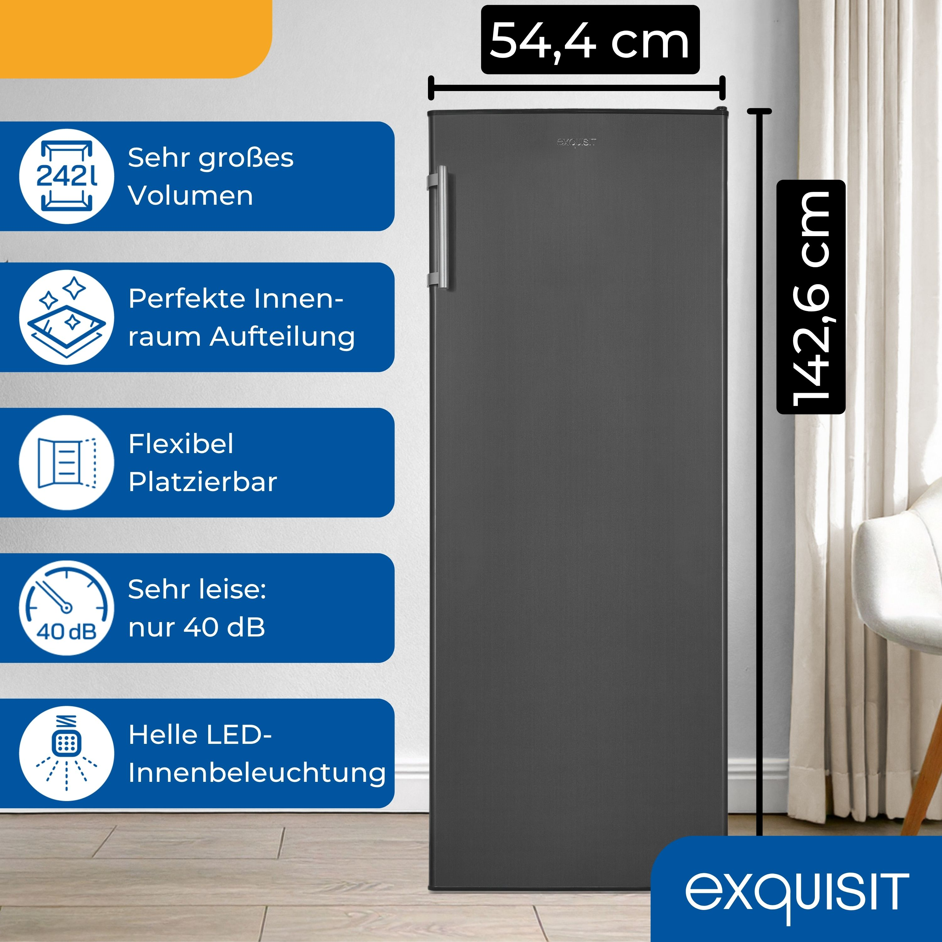 Ein dunkelgrauer Kühlschrank mit Abmessungen, Icons für Funktionen und einem 'exquisit' Logo.