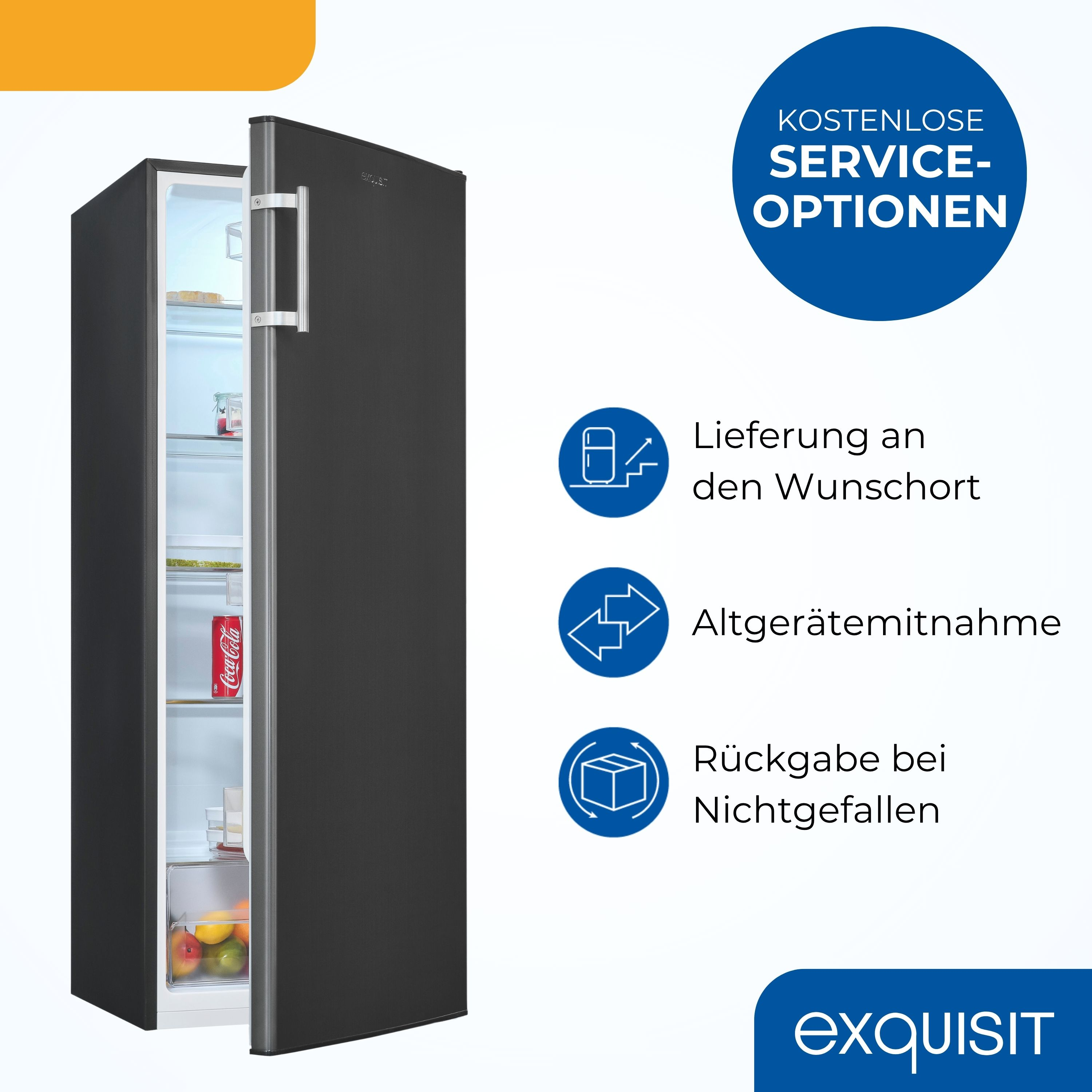 Ein Kühlschrank mit offener Tür, der Produkte im Inneren zeigt, mit einer Grafik für Serviceoptionen.