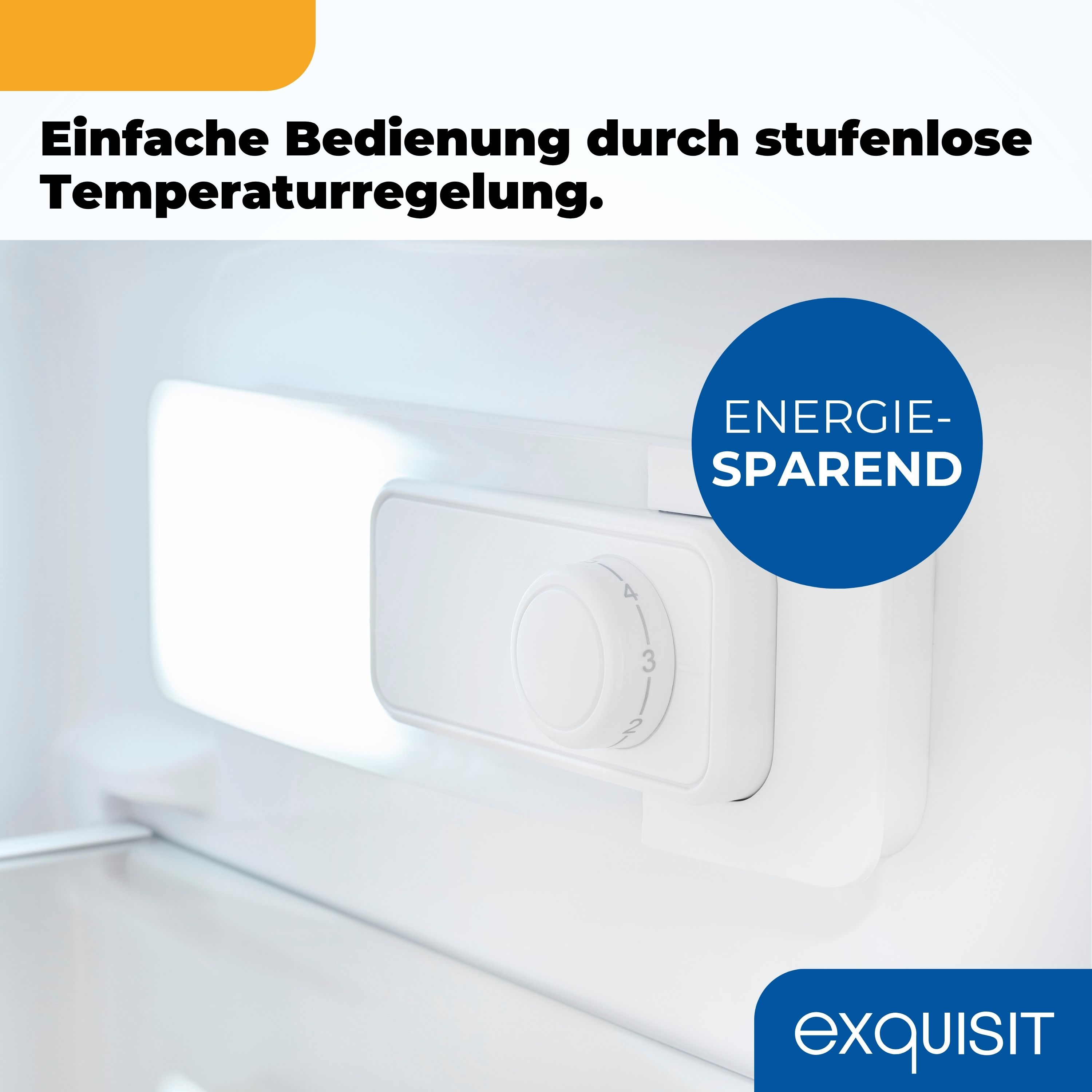 Nahaufnahme eines weißen Kühlschrank-Bedienfelds mit einem Drehknopf und dem Wort 'ENERGIE-SPAREND'.