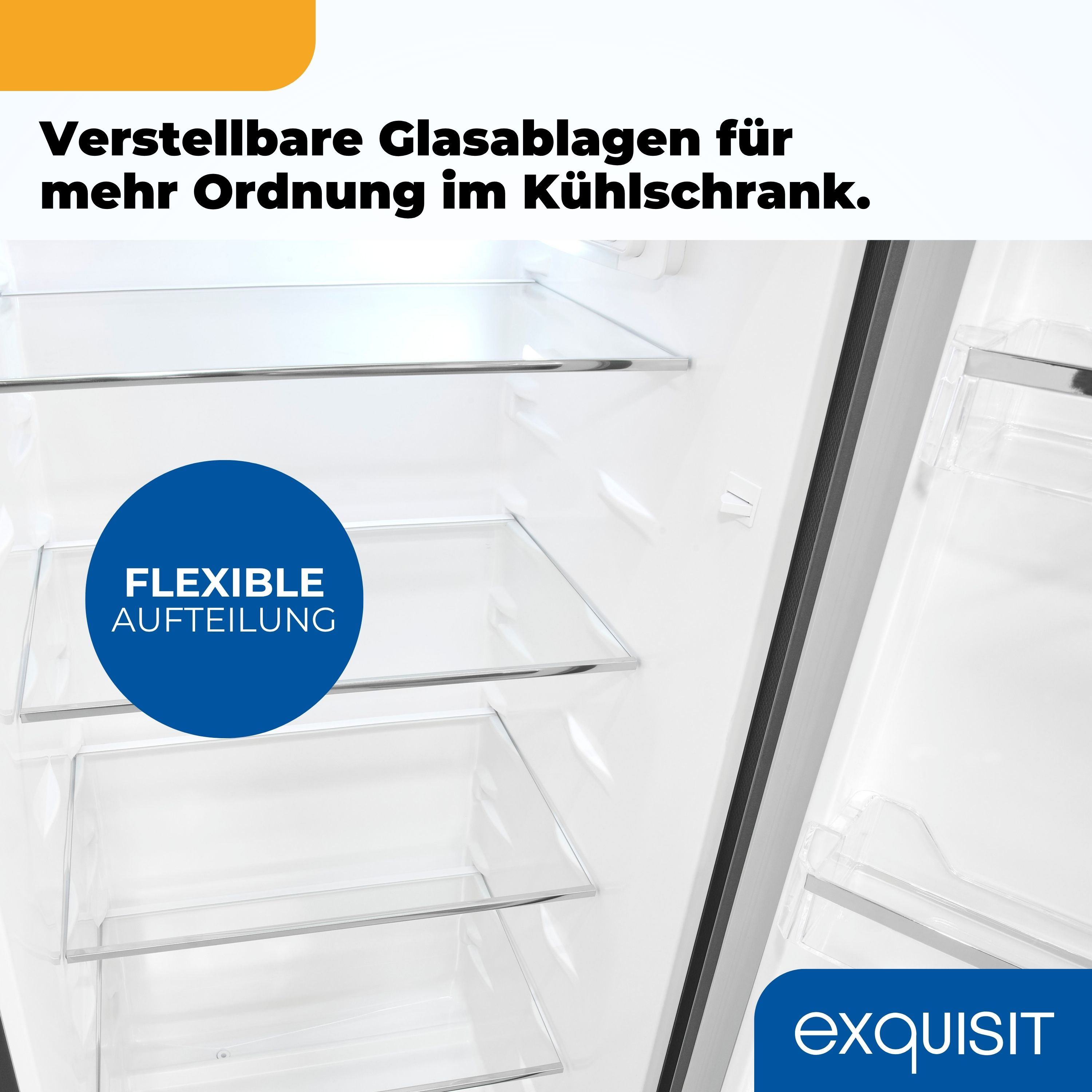 Im Inneren eines Kühlschranks mit verstellbaren Glasböden, mit Text über flexible Anordnung.