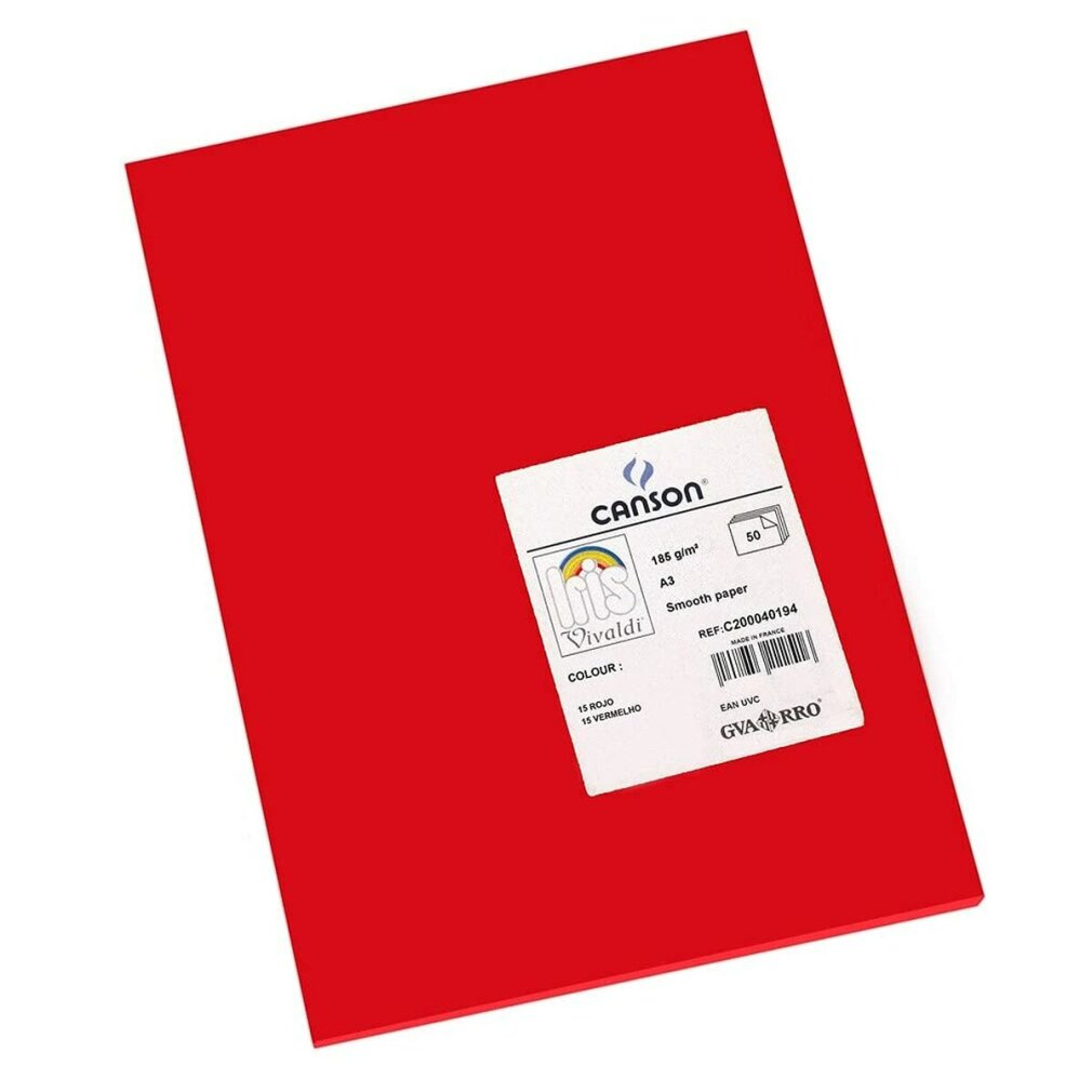 Ein rotes Papierblatt mit einem weißen Etikett in der Mitte, gekennzeichnet als Canson, A3 und glattes Papier.