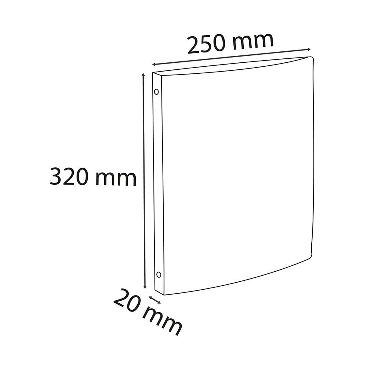 Diagramm eines Ordners mit den Maßen: 320 mm Höhe, 250 mm Breite und 20 mm Rücken.