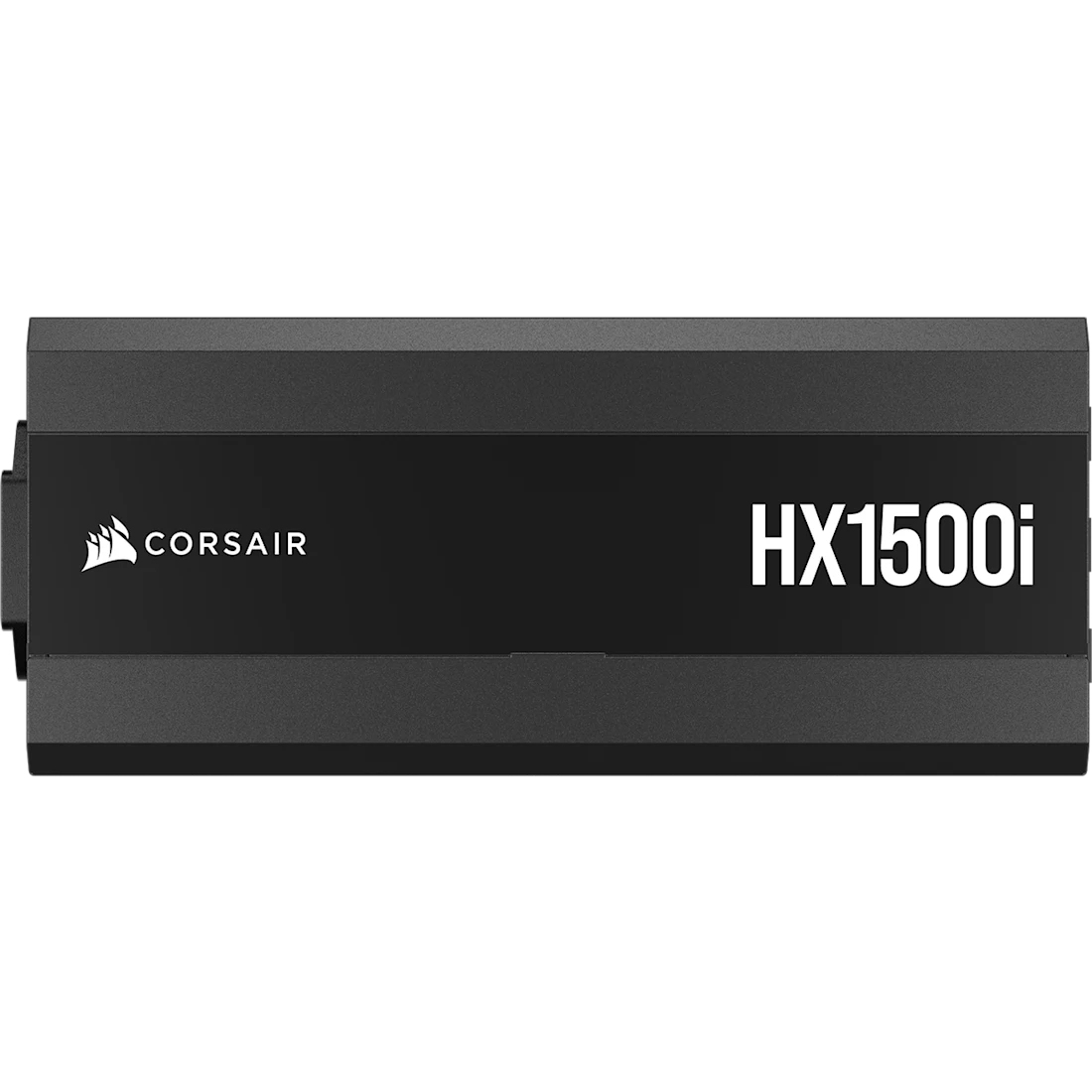 Czarny zasilacz Corsair HX1500i. Przód ma logo Corsair, nazwę i model.