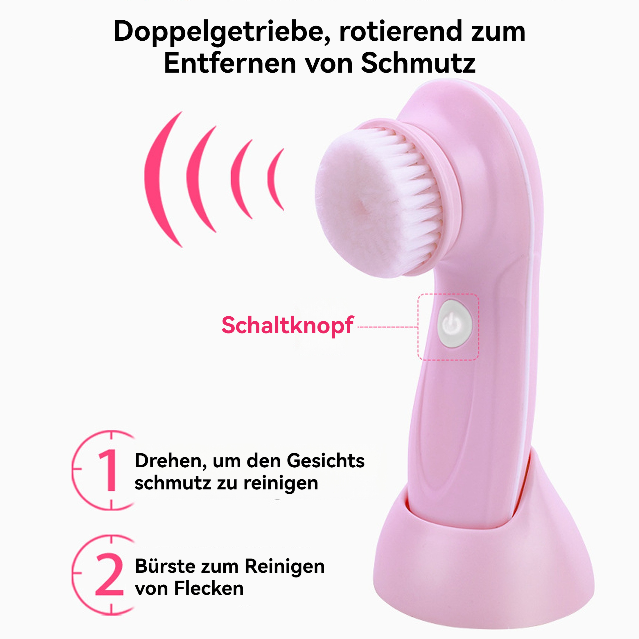 Rosa Gesichtsbürste mit weißen Borsten und einem Ein-/Ausschalter. Text, Symbole sind sichtbar.
