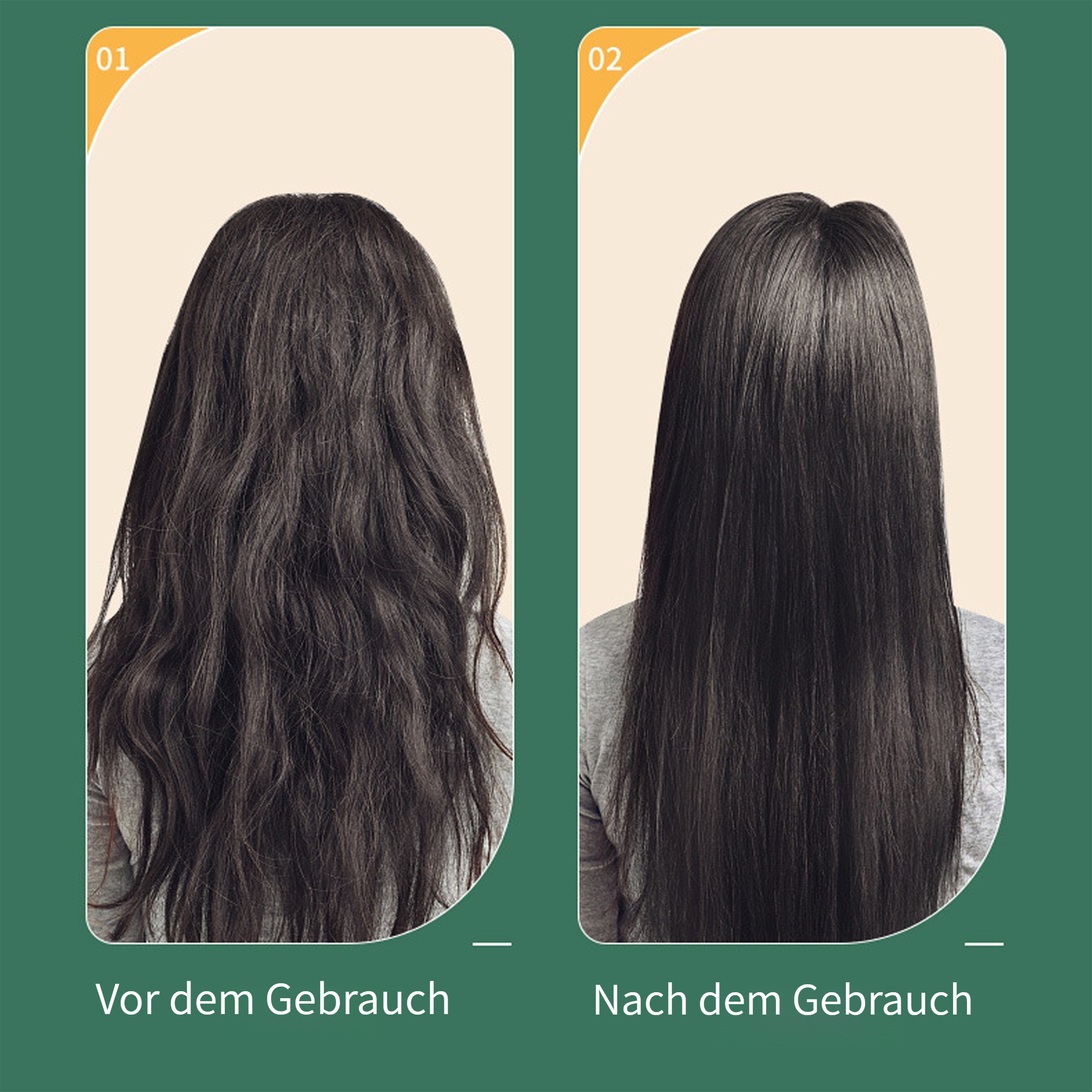 Zwei Bilder: welliges Haar einer Frau vor und glattes Haar nach der Anwendung eines Haarprodukts.