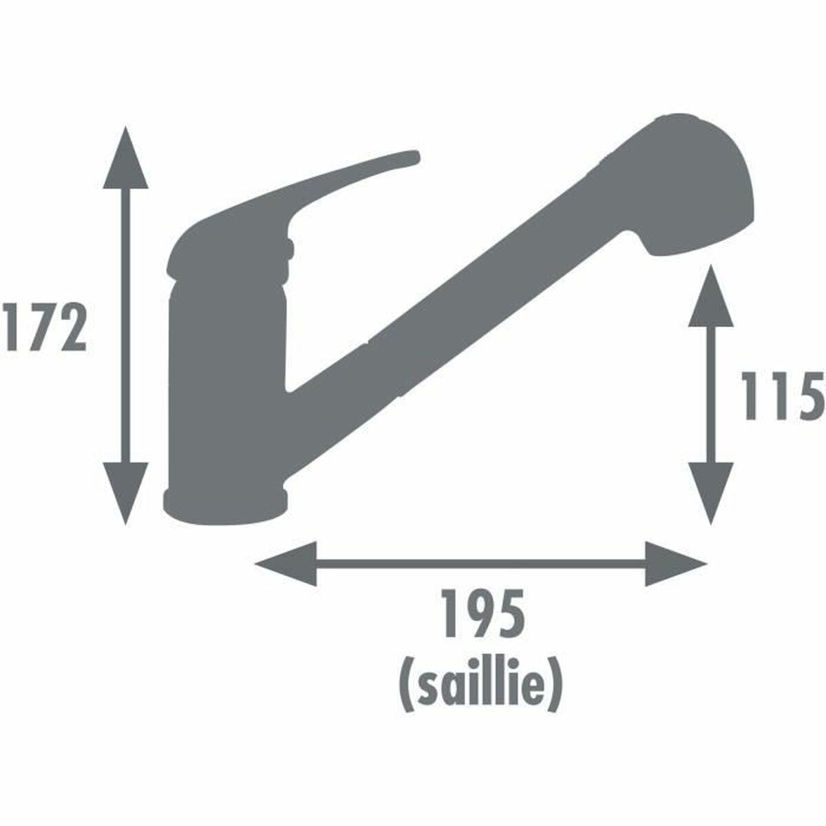 Diagramm eines silbernen Wasserhahns mit Abmessungen. Der Wasserhahn wird von der Seite gezeigt.