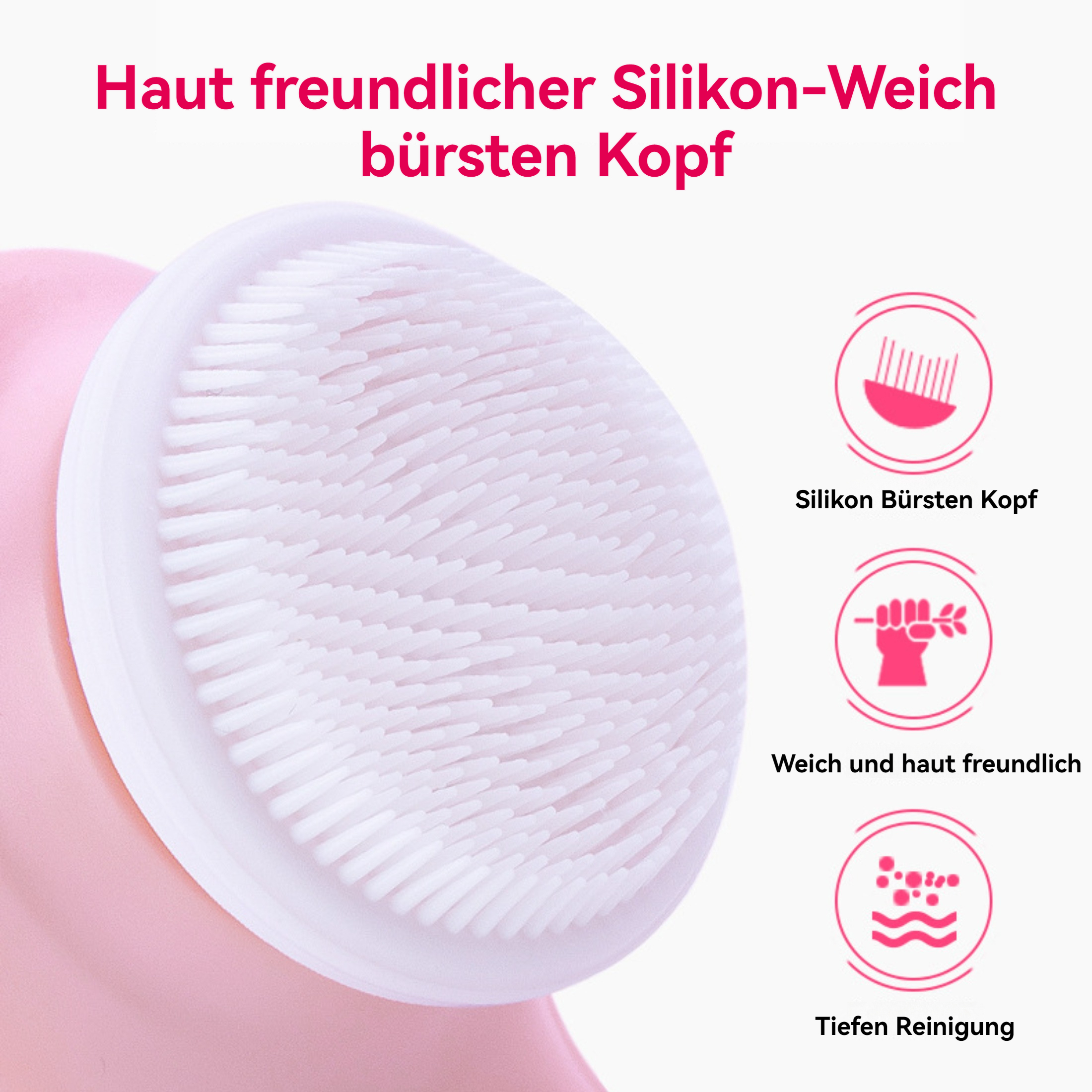 Nahaufnahme einer rosa Gesichtsbürste mit weißen Borsten und illustrativen Symbolen.