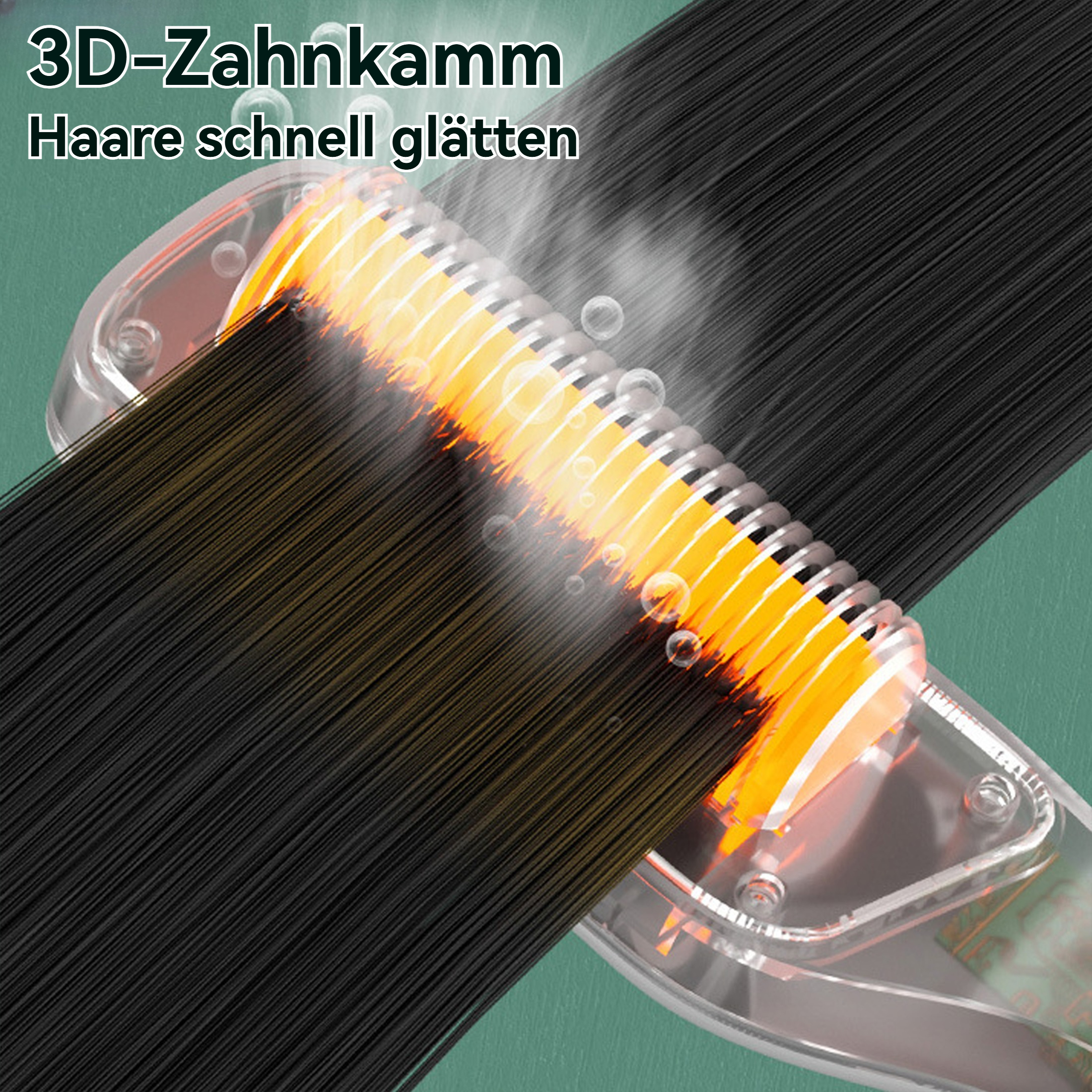 Ein Haarglätter mit schwarzem Haar, das geglättet wird. Text auf Deutsch: 3D-Zahnkamm, Haare schnell glätten.
