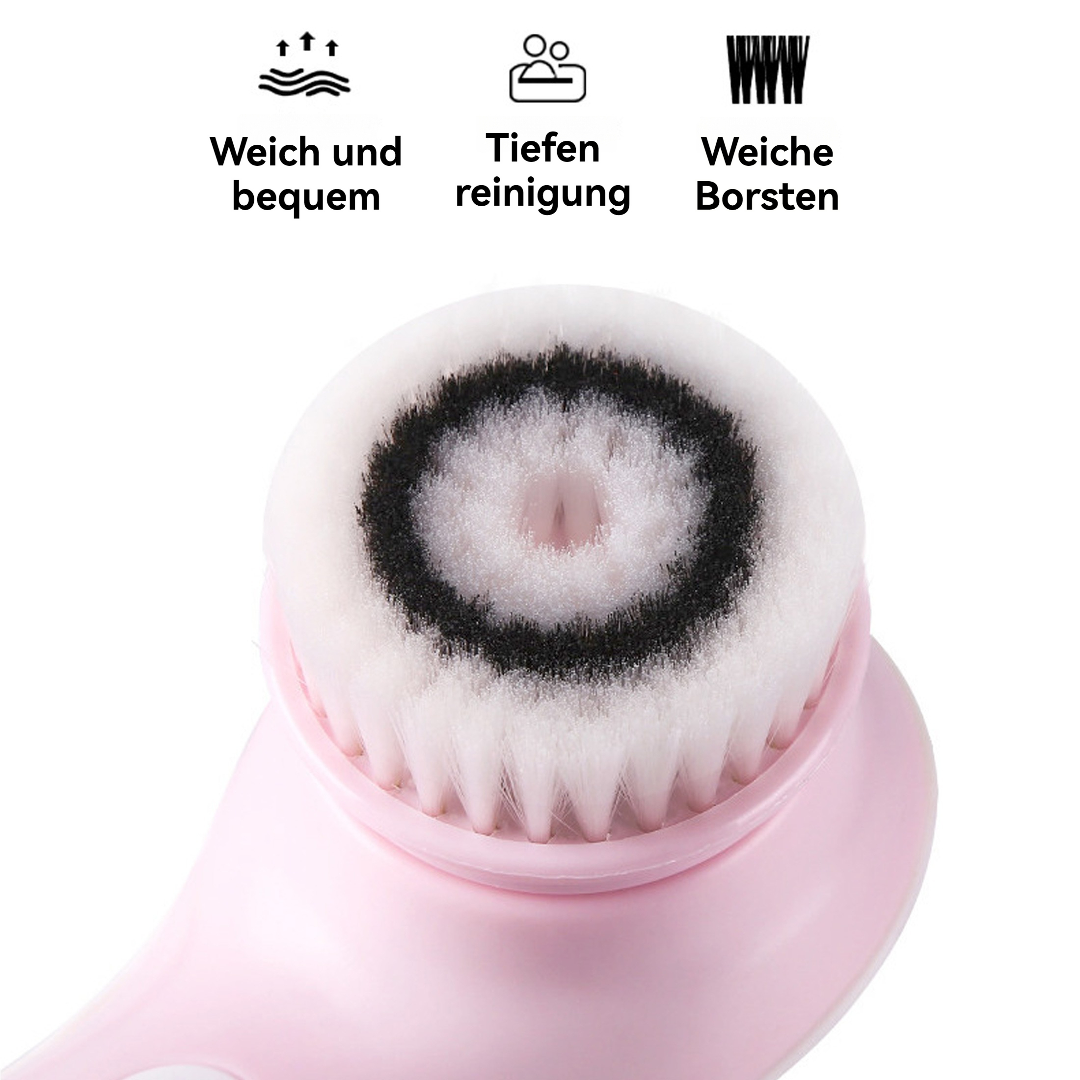 Nahaufnahme einer rosa Gesichtsbürste mit weißen Borsten und zugehörigen Informationssymbolen.