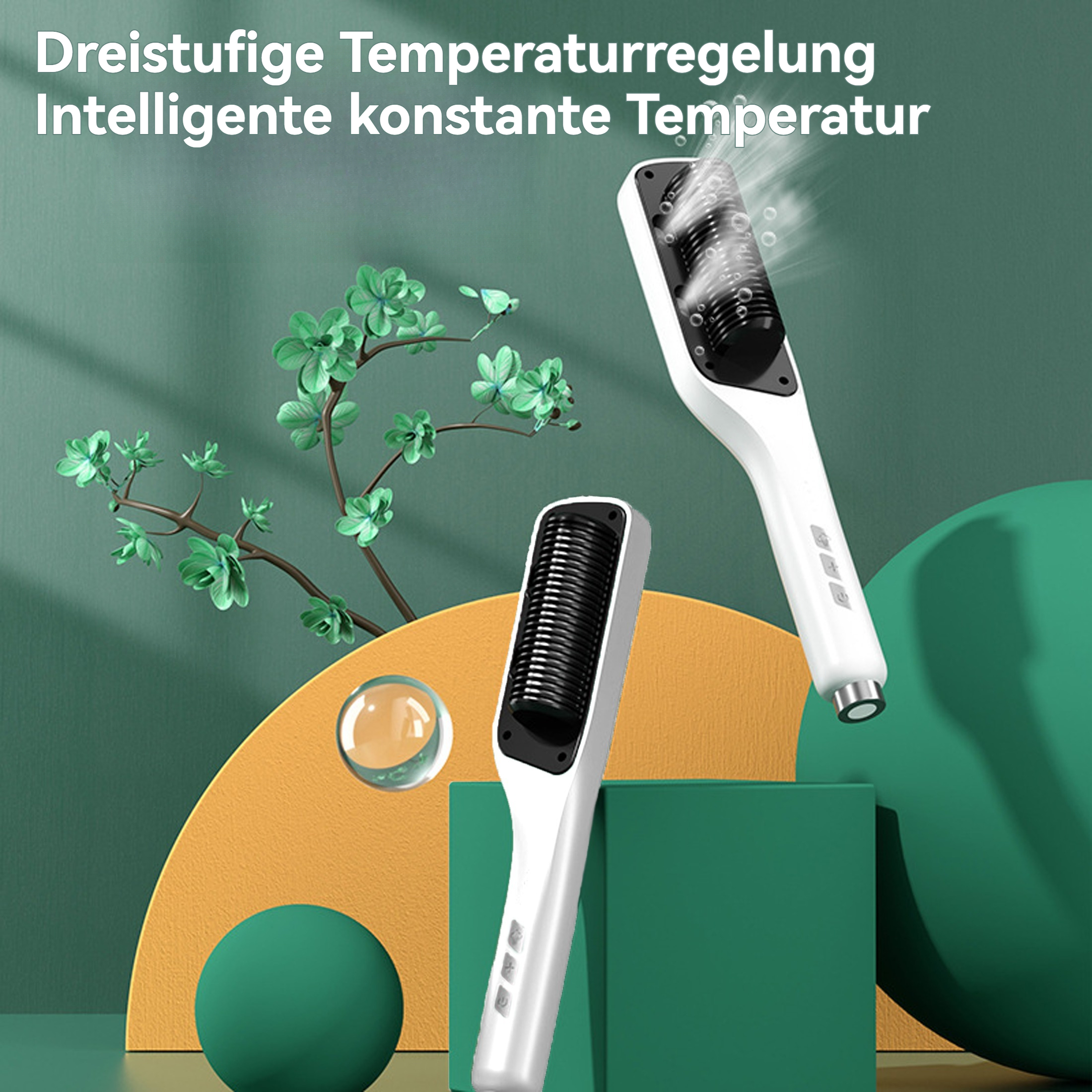 Zwei weiße Haarglätter mit deutschem Text über Temperaturregelung und konstante Temperatur.