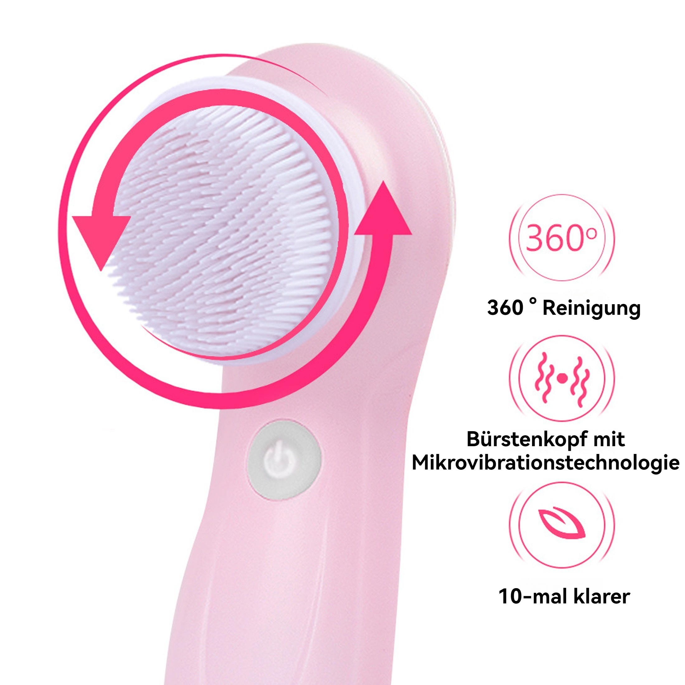 Rosa Gesichtsbürste mit weißen Borsten und Pfeilen herum. 360° und Mikrovibrations-Symbole.