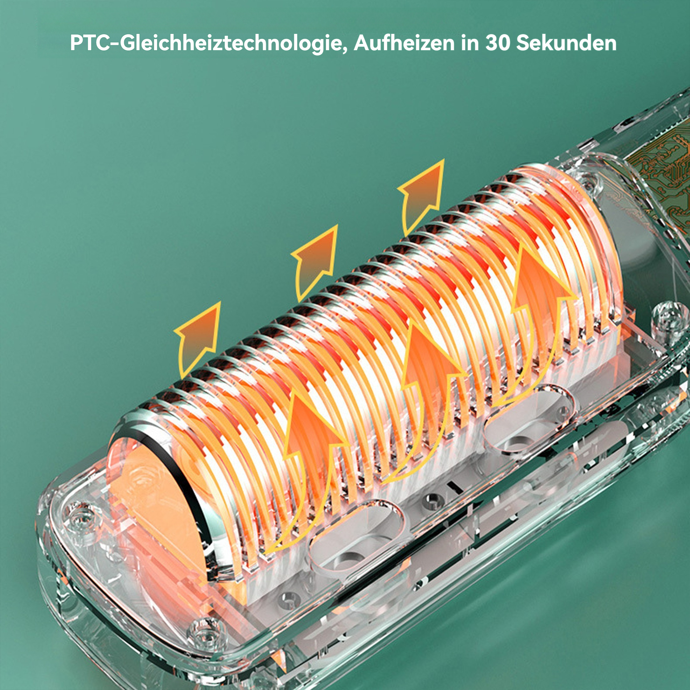 Nahaufnahme eines Haarglätters mit orangefarbenen Pfeilen, die die Heizelemente und die PTC-Technologie zeigen.