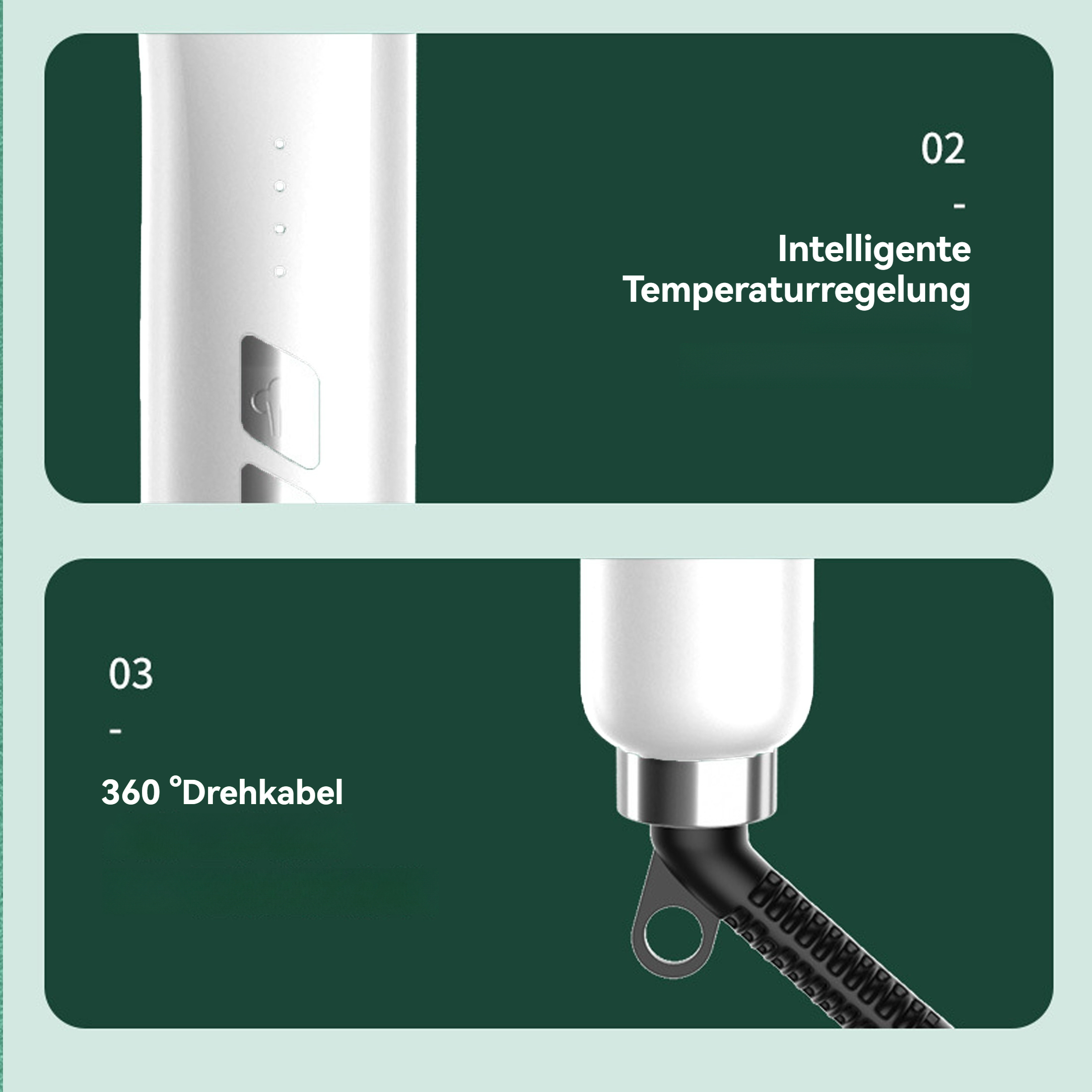 Details eines Haarglätters mit Ein-/Ausschalter, Kabel und Temperaturregelung. Text auf Deutsch.