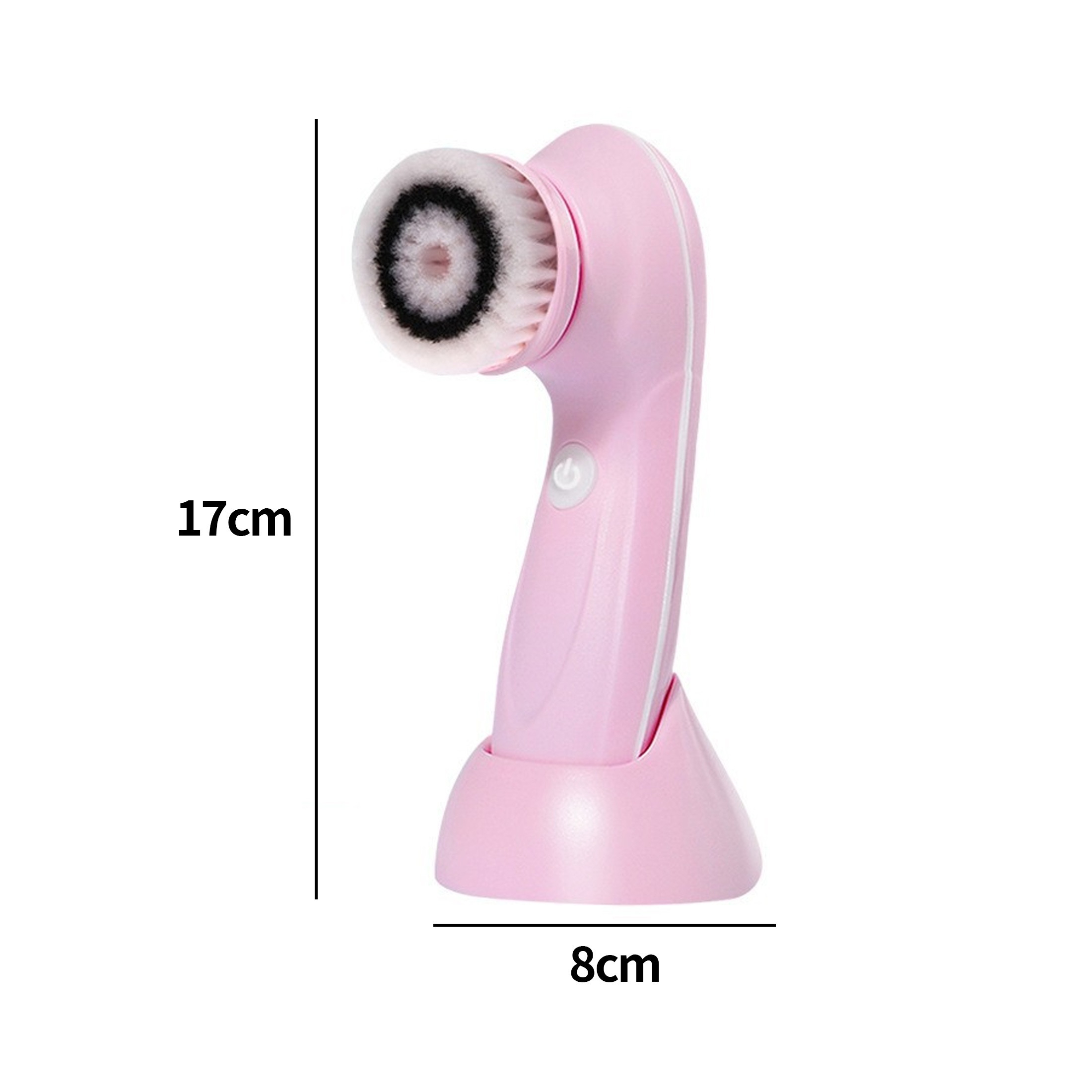 Rosa Gesichtsbürste mit weißen Borsten und Ladestation. Abmessungen sind angegeben.