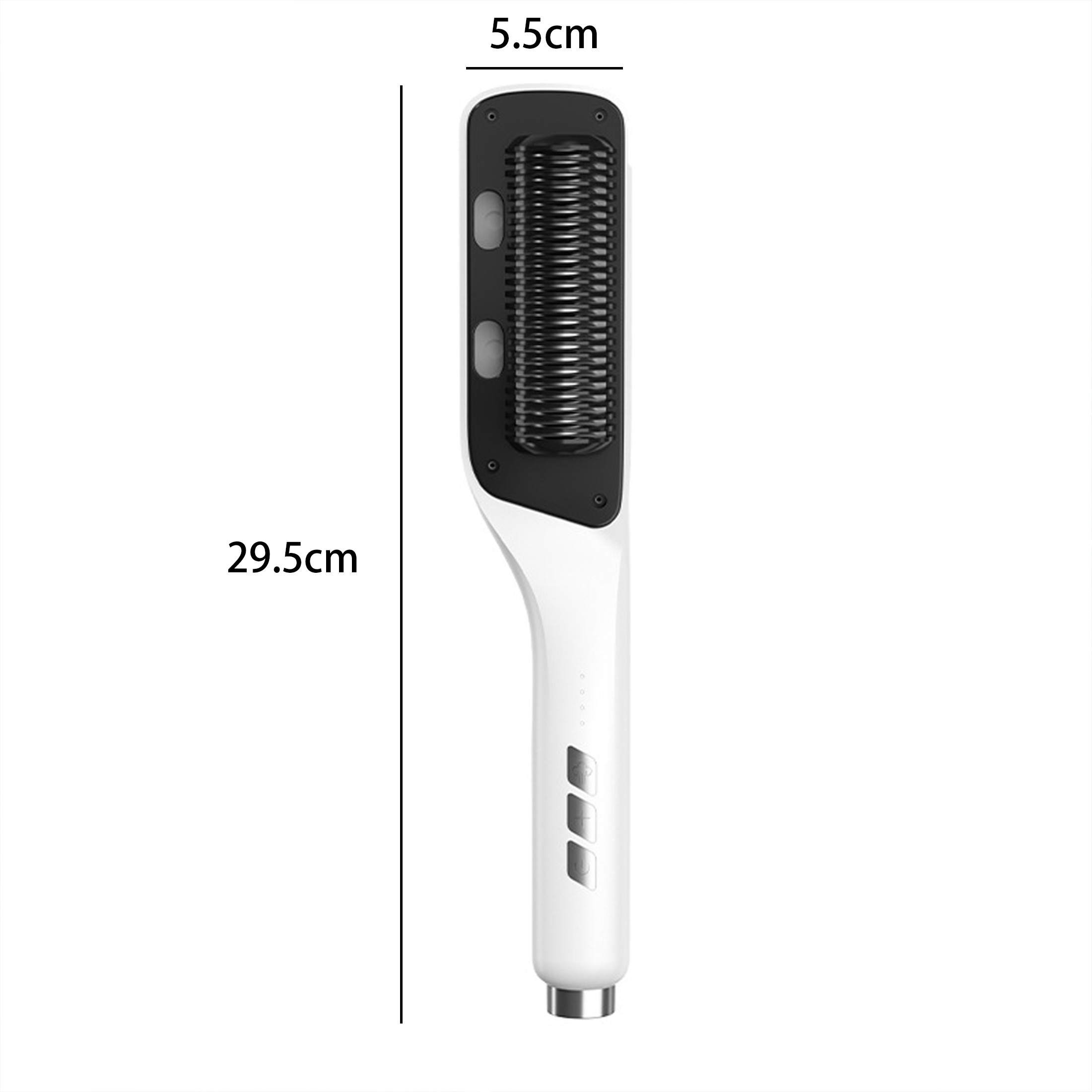 Ein weißer Haarglätter mit schwarzem Kamm und langem Griff, zeigt Abmessungen von 29,5 cm und 5,5 cm.