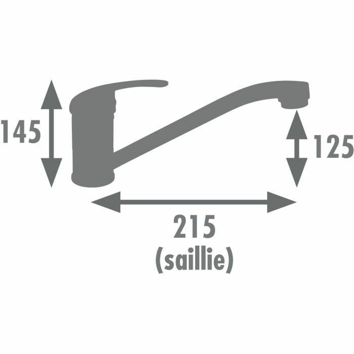 Un diagramma mostra le dimensioni di un rubinetto cromato. È largo 215 mm, con un'altezza di 145 mm e un'altezza del beccuccio di 125 mm.