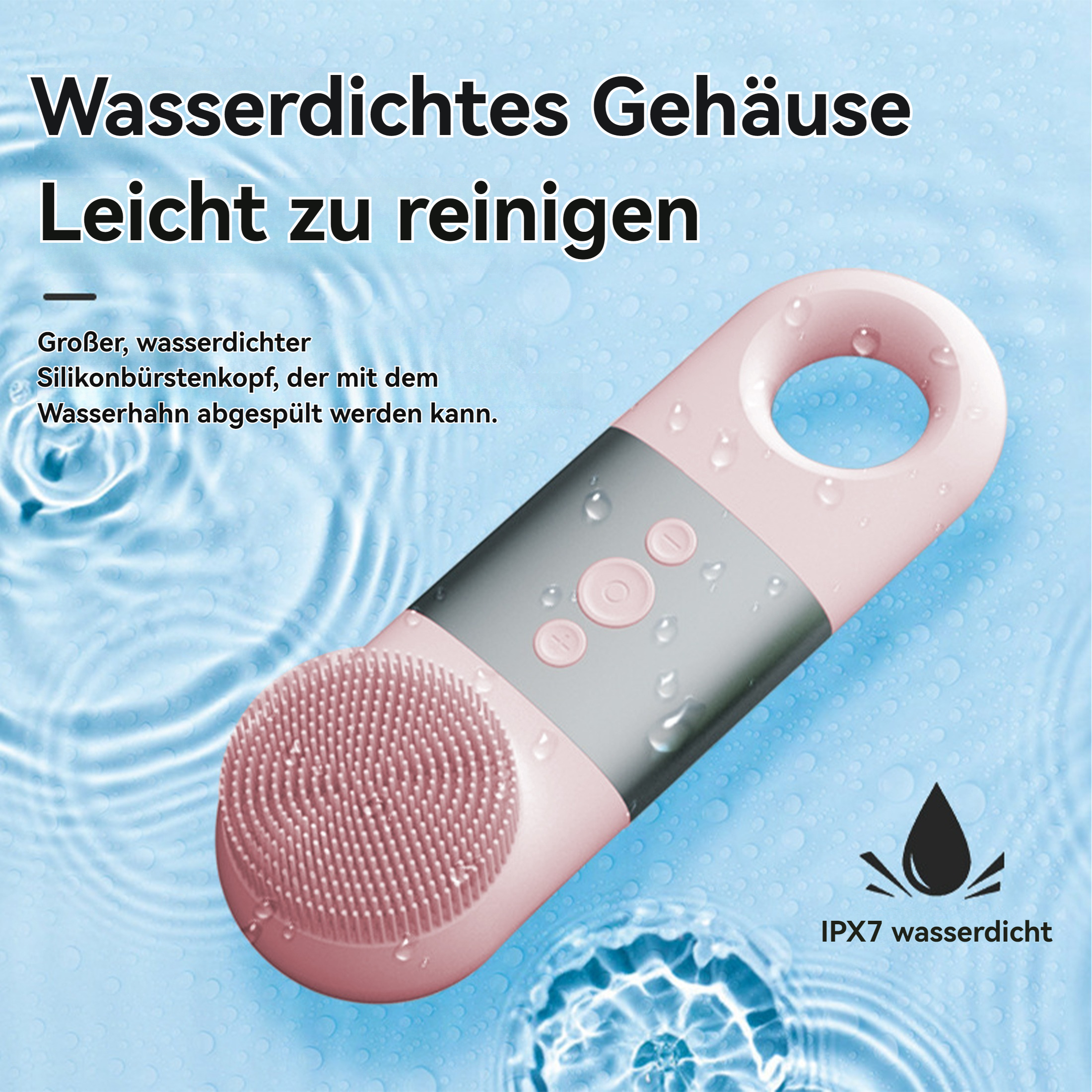 Ein pinkfarbenes Gesichtsreinigungsgerät im Wasser. Der Text besagt, dass es ein wasserdichtes Gehäuse hat und leicht zu reinigen ist. IPX7 wasserdicht.