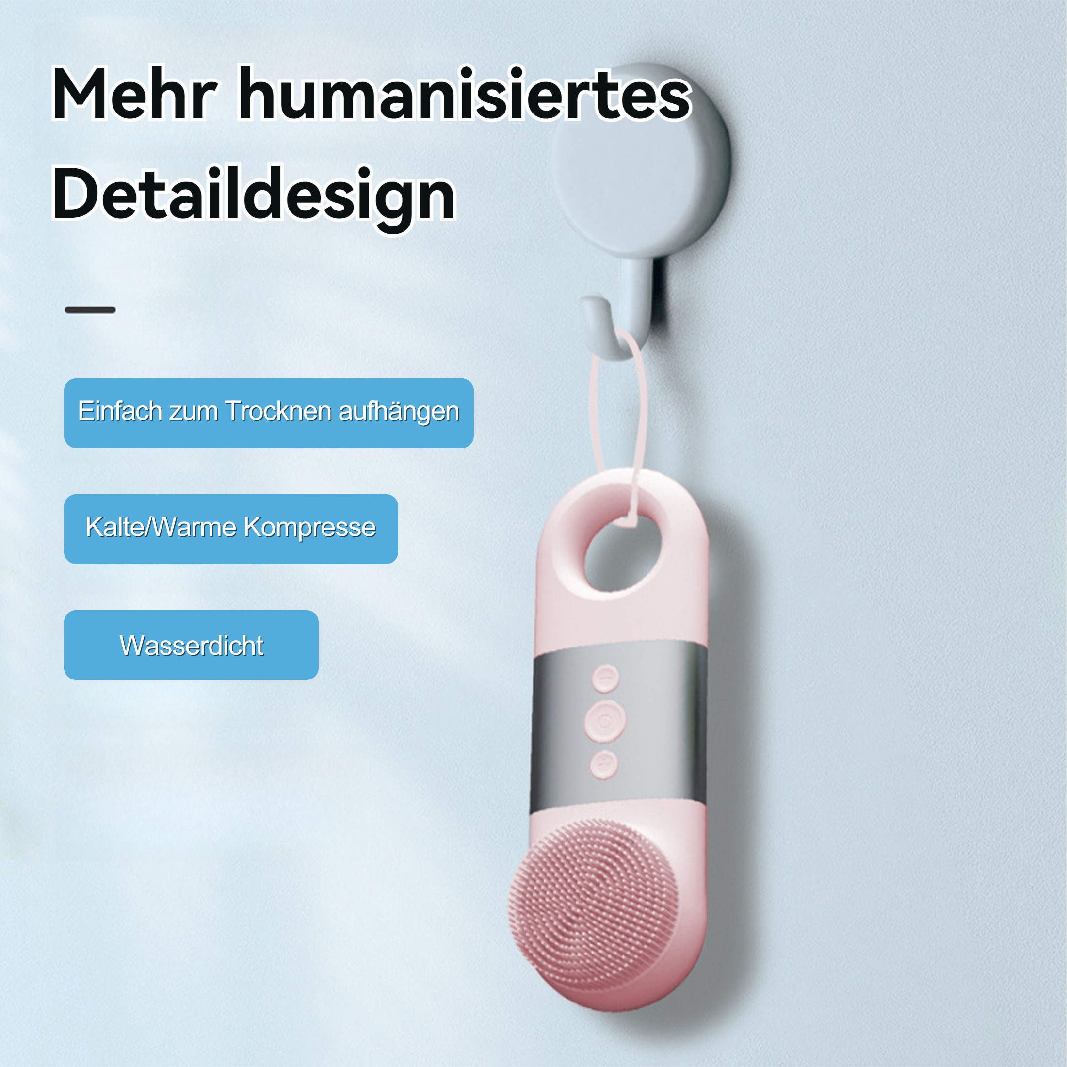 Ein pinkfarbenes Gesichtsreinigungsgerät hängt an einem Haken. Text sagt, dass es zum Trocknen leicht aufzuhängen ist und wasserdicht ist.