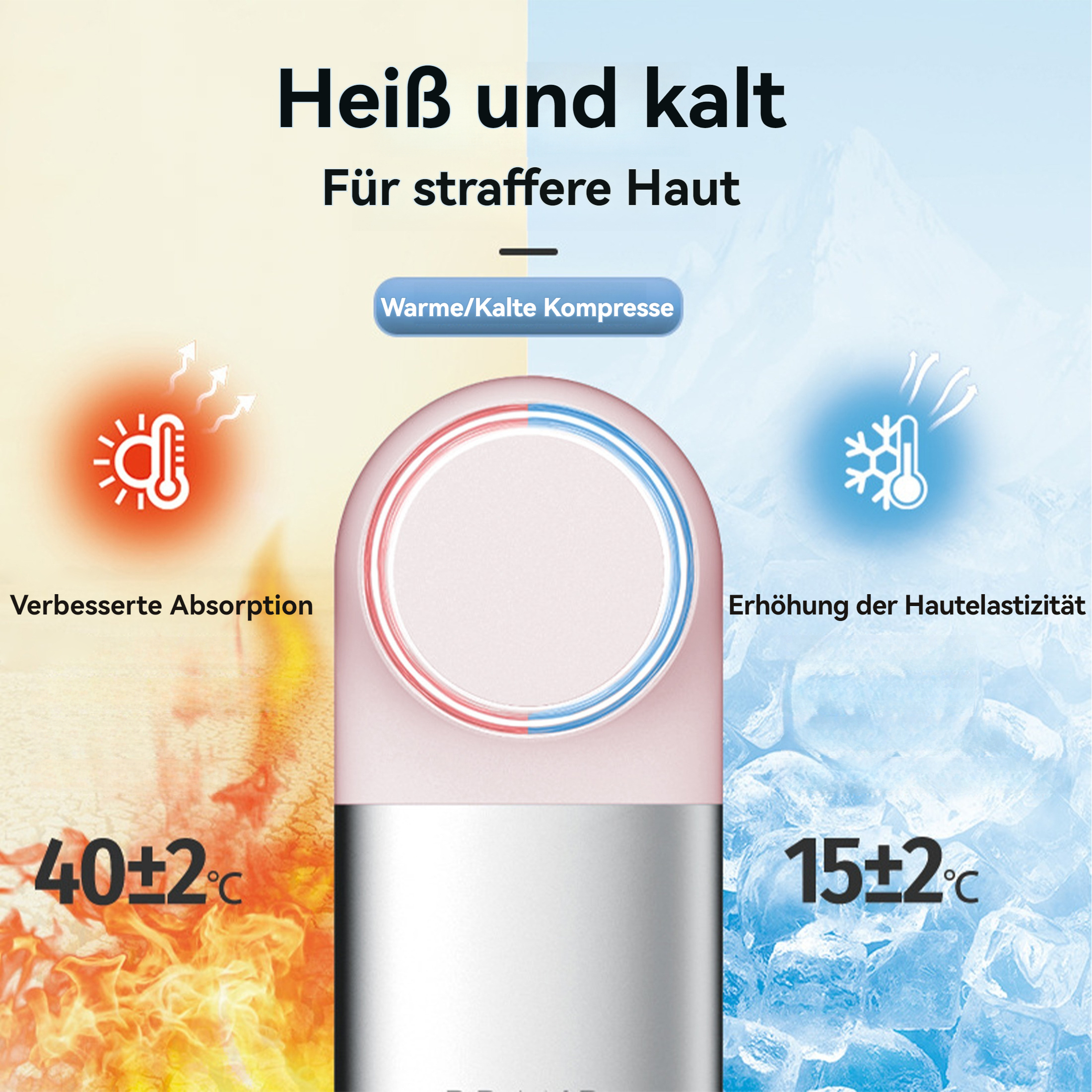 Diagramm, das die Auswirkungen von heiß und kalt auf die Haut zeigt. Zeigt rote und blaue kreisförmige Bereiche.