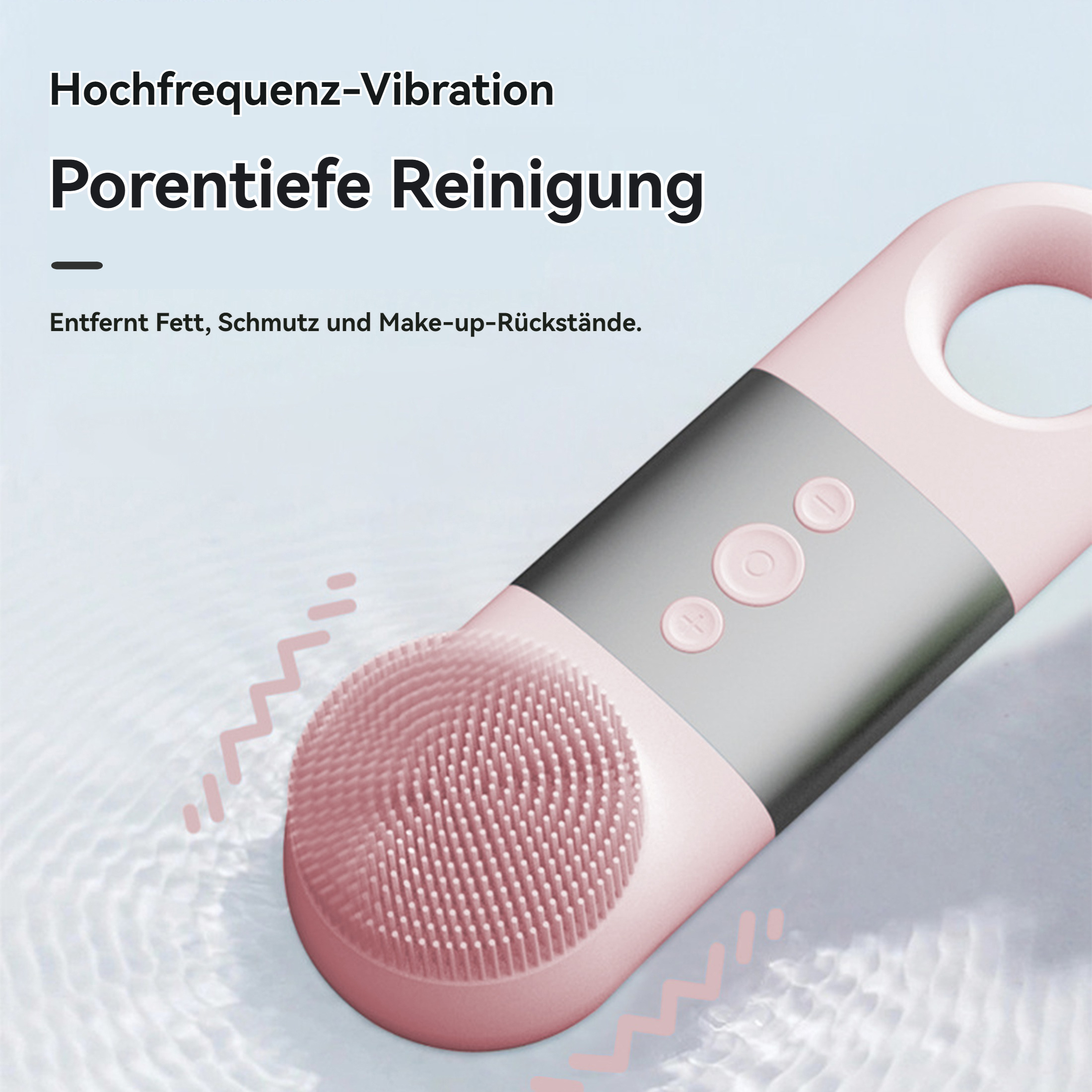 Eine rosa Gesichtsbürste mit drei Knöpfen. Es gibt deutschen Text über die Tiefenreinigung der Poren.