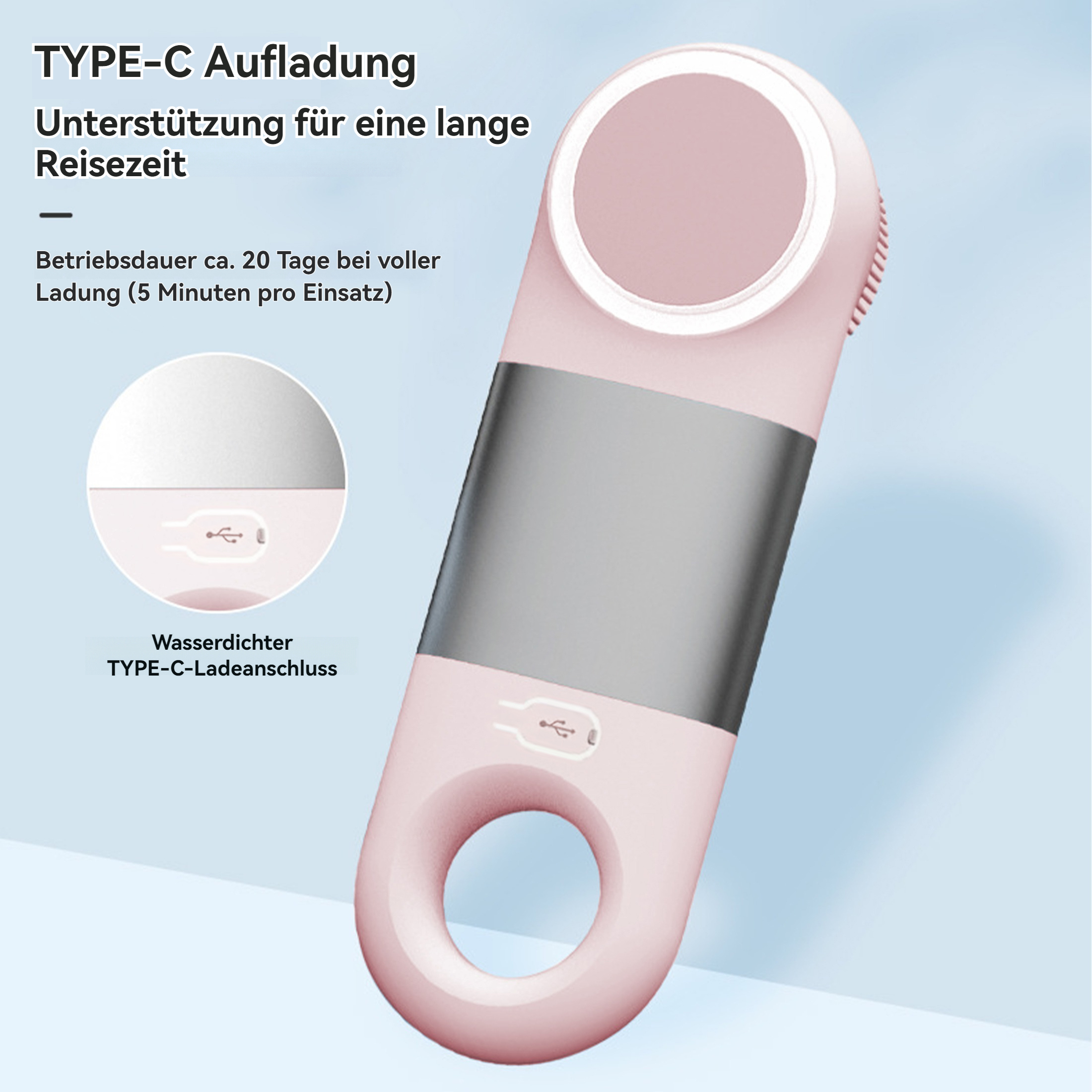 Ein pinkfarbenes Gesichtsreinigungsgerät. Der Text besagt, dass es eine lange Reisezeit unterstützt und einen Typ-C-Ladeanschluss hat.