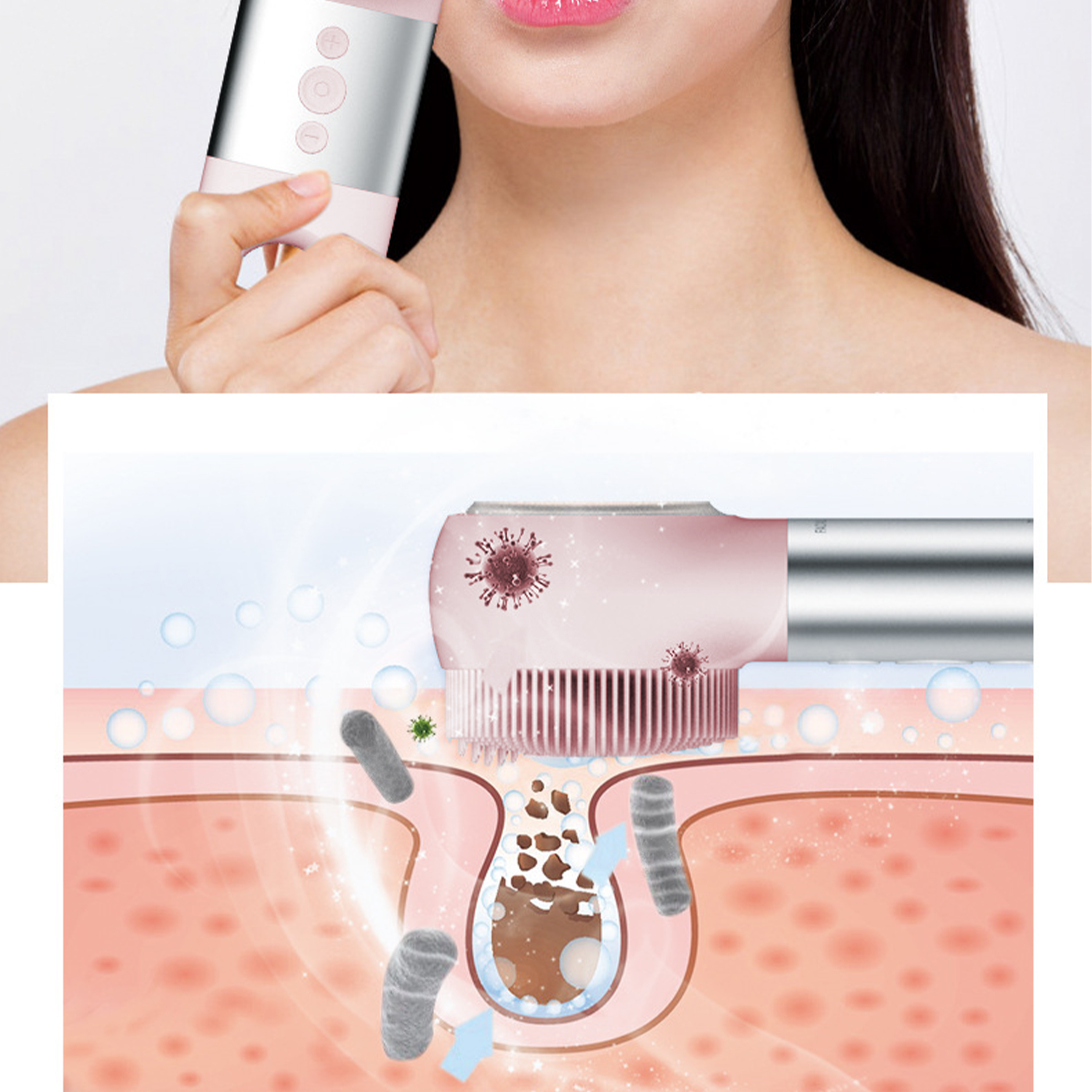 Eine Frau benutzt eine rosa Gesichtsbürste. Das Bild zeigt ein Diagramm, wie die Bürste Poren reinigt.