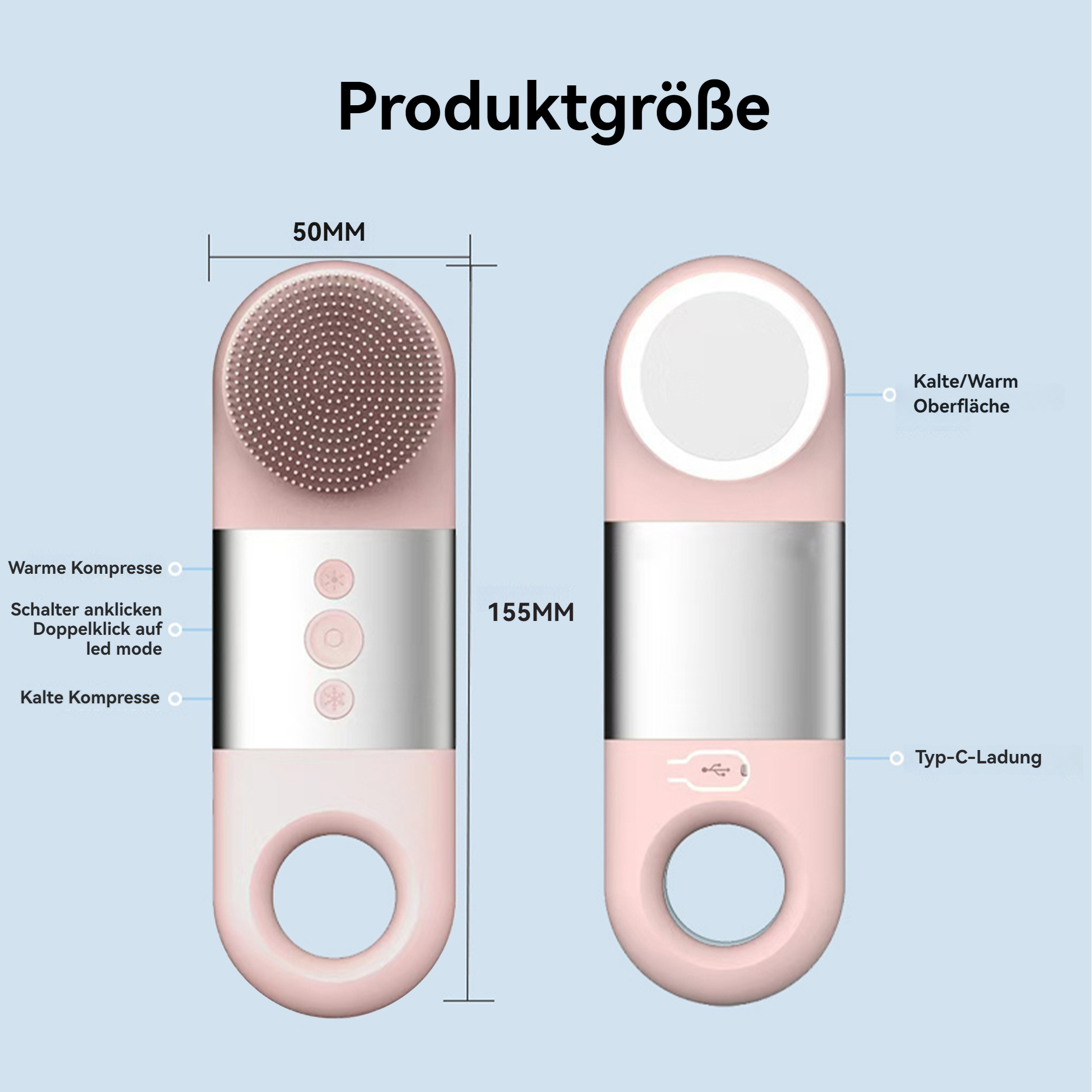 Ein pinkfarbenes Gesichtsreinigungsgerät wird gezeigt. Abmessungen werden angezeigt. Eine Seite hat Borsten, die andere Spiegel und Bedienelemente.