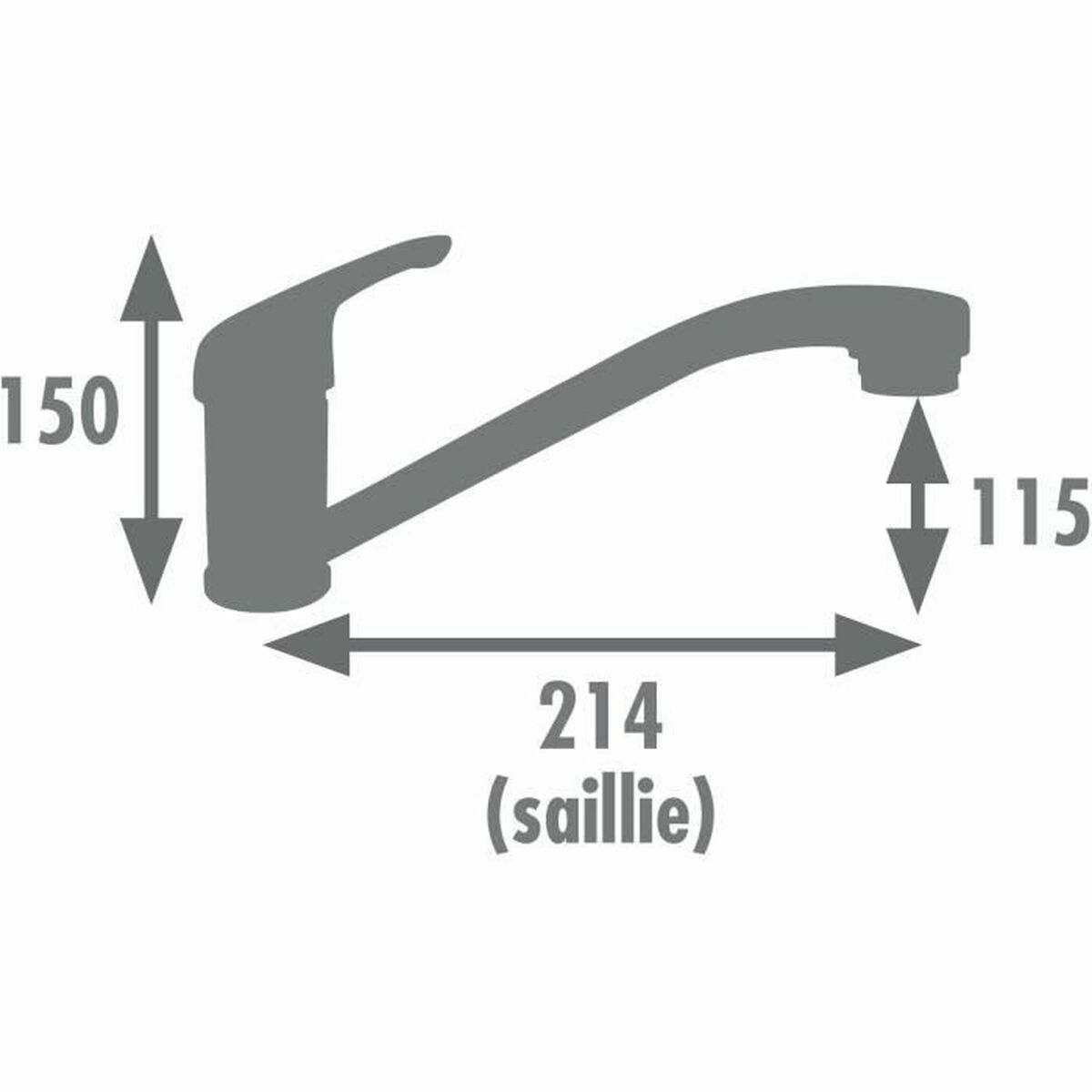 Un diagramma di un rubinetto. Mostra le dimensioni: 150 di altezza, 214 di lunghezza e 115 all'uscita.
