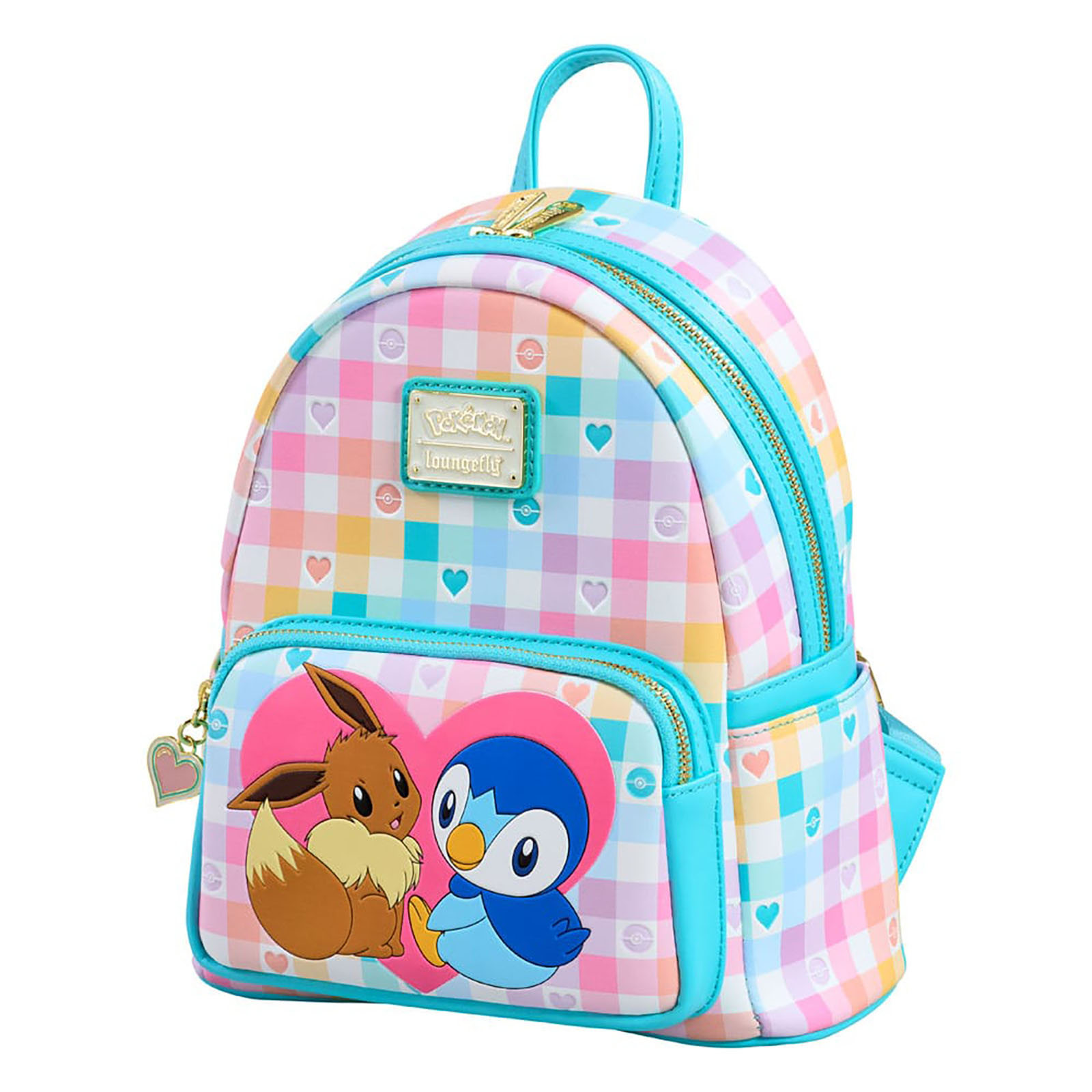 Rucksack mit buntem Karomuster und Bildern von Evoli und Plinfa aus Pokémon.