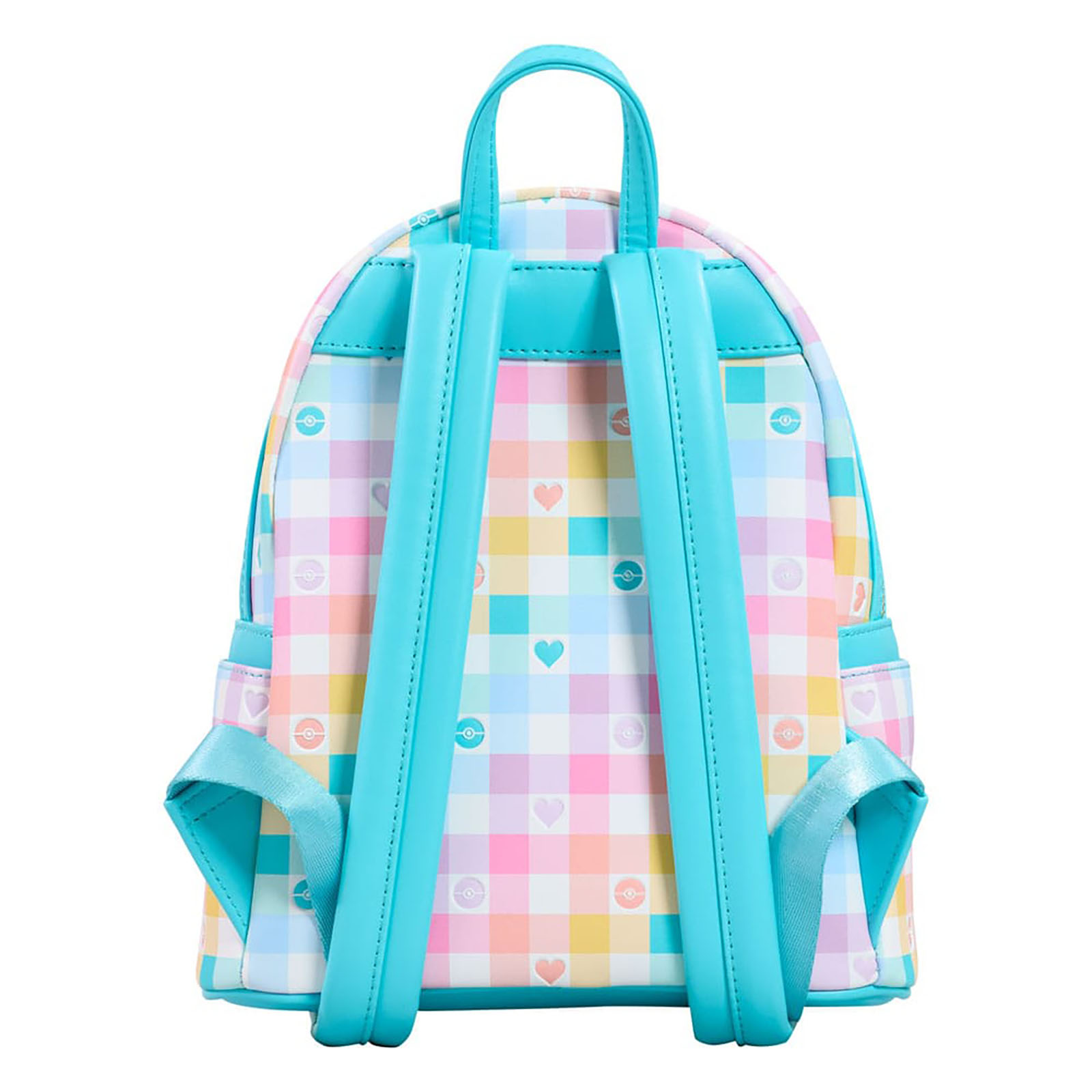 Ein bunter Rucksack mit einem pastellfarbenen Karomuster, mit Herzen, Pokébällen und hellblauen Verzierungen.