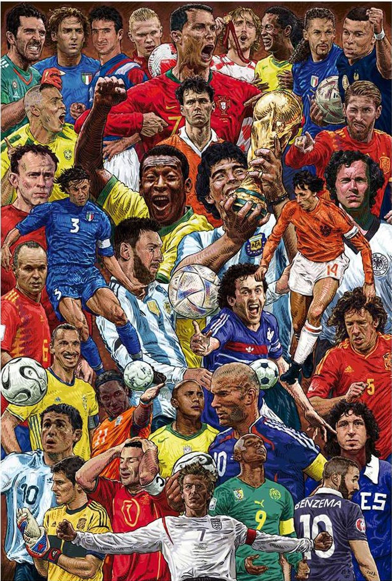 Collage von Fußballspielern aus verschiedenen Ländern, die feiern, Trophäen halten und spielen.