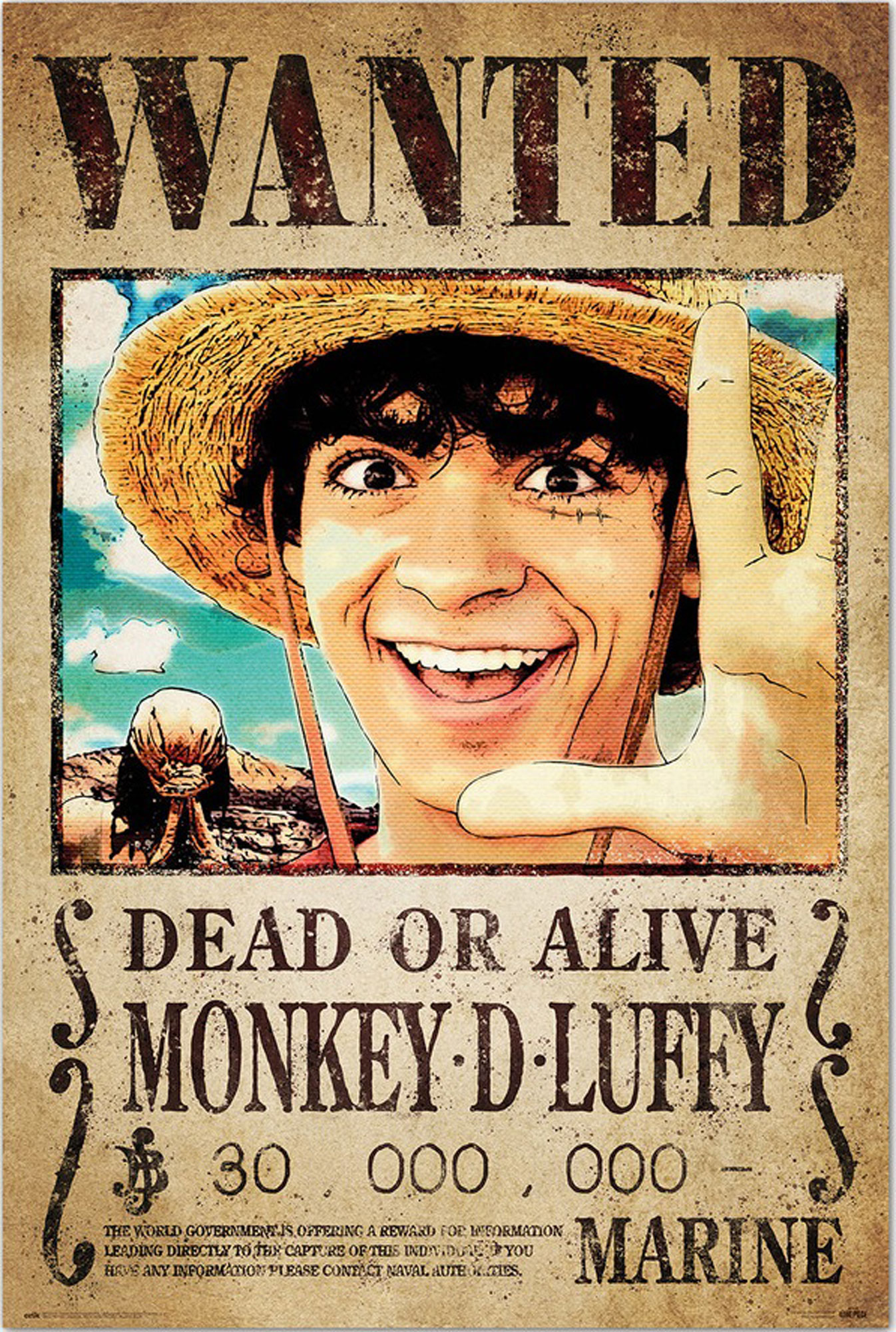 Gesuchtes Poster von Monkey D. Luffy mit Strohhut. Text: Gesucht, tot oder lebendig, 30.000.000. Hintergrund: Himmel.