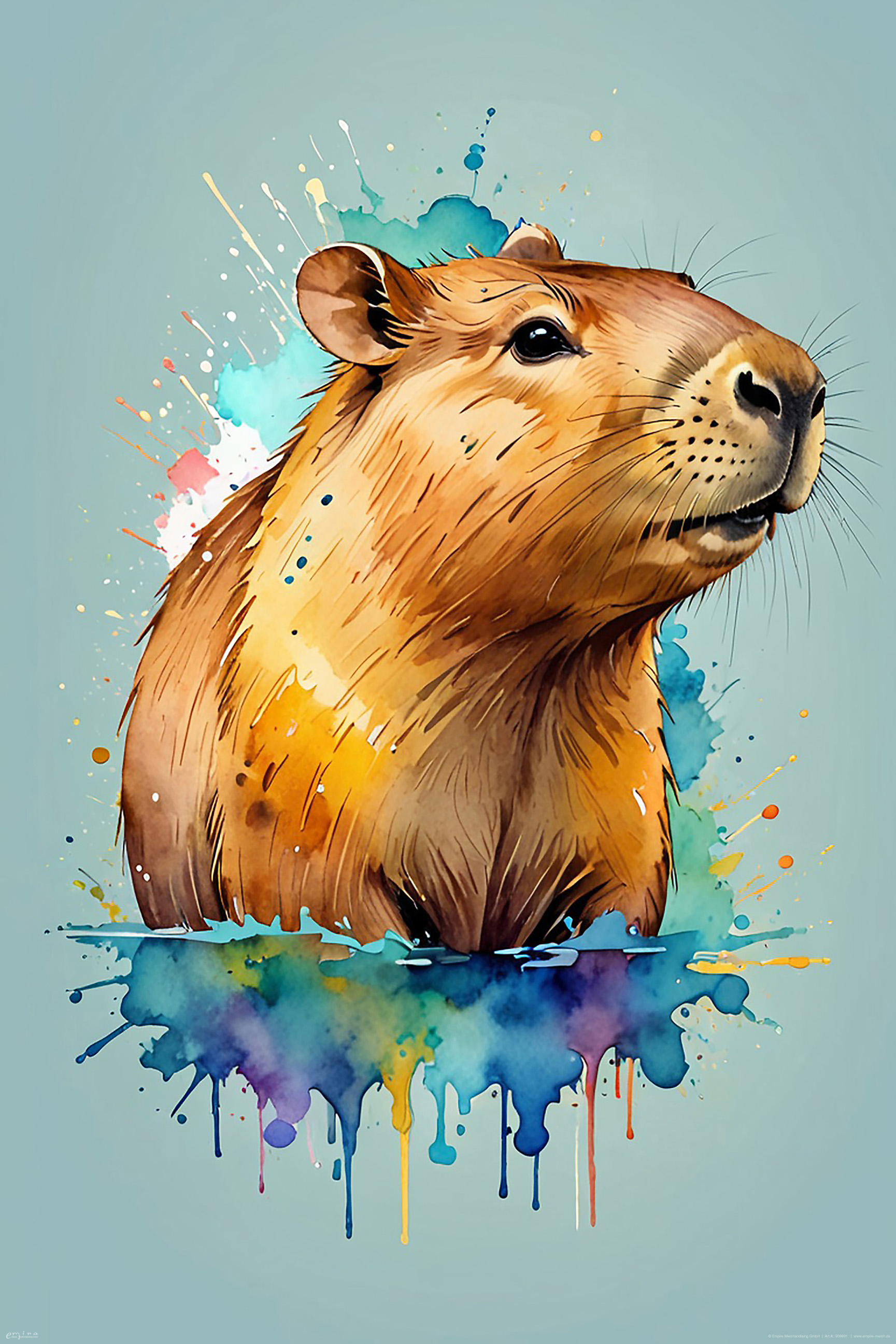 Ein Wasserschwein im Aquarellstil mit bunten Farbspritzern. Es hat braunes Fell und ist im Wasser.