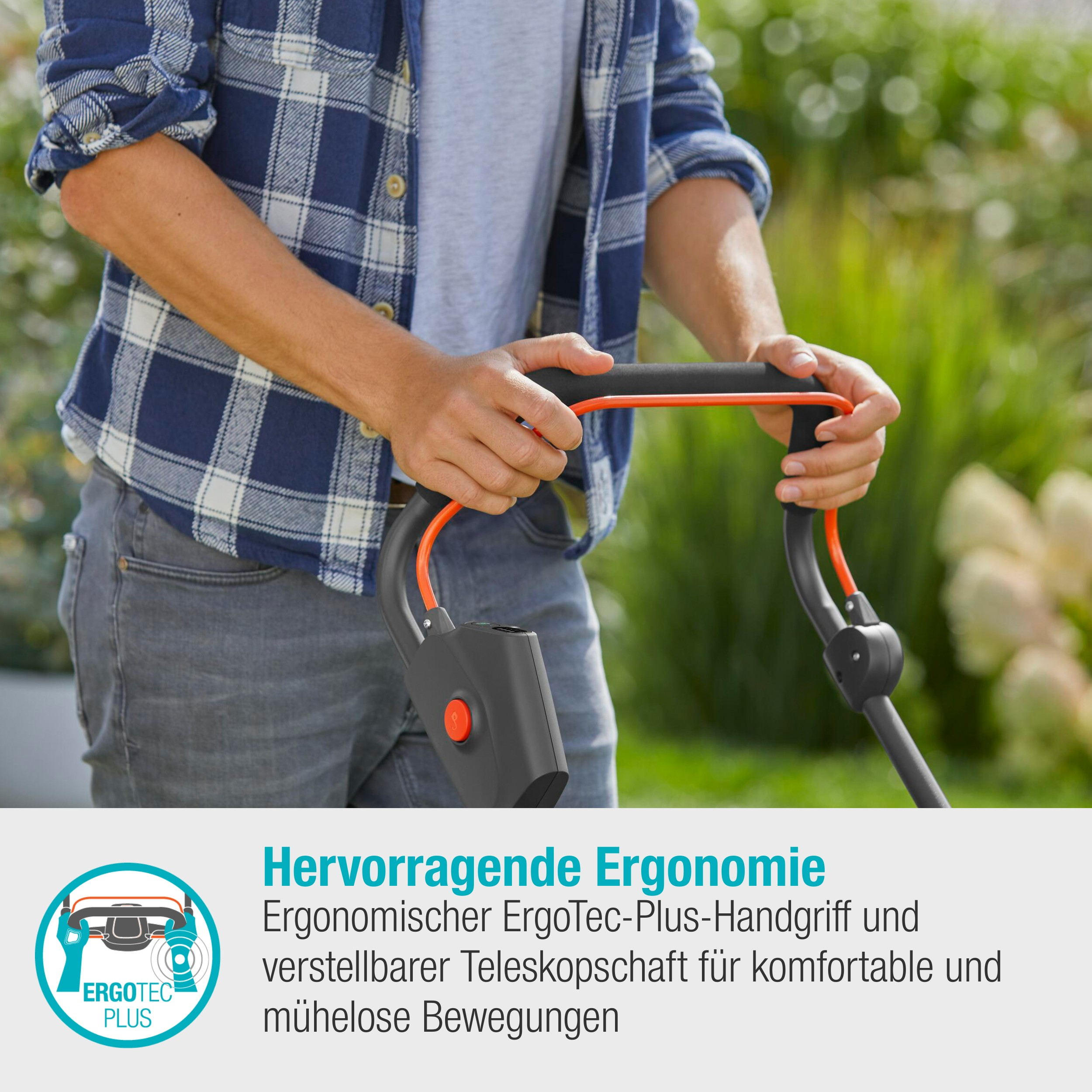 Ein Mann benutzt einen Rasenmäher. Text auf dem Bild: Ergonomischer Griff und verstellbarer Teleskopschaft.