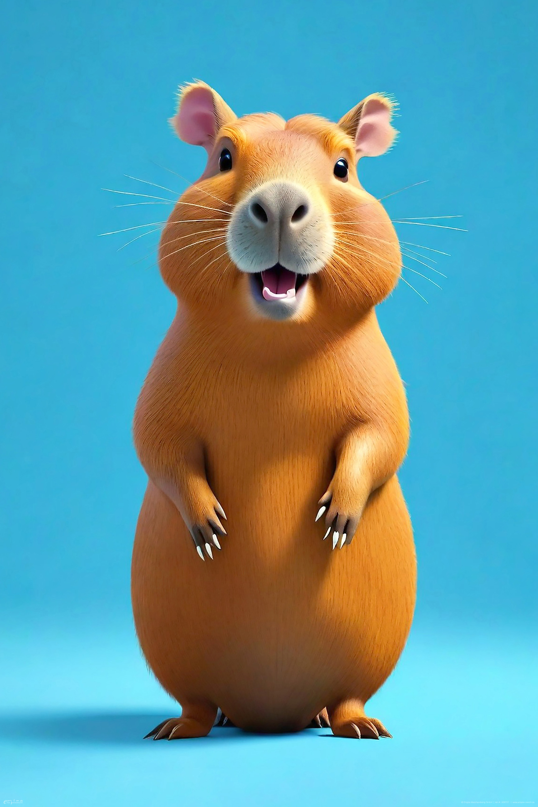Ein Cartoon-Wasserschwein mit offenem Mund und großen Augen, auf blauem Hintergrund.