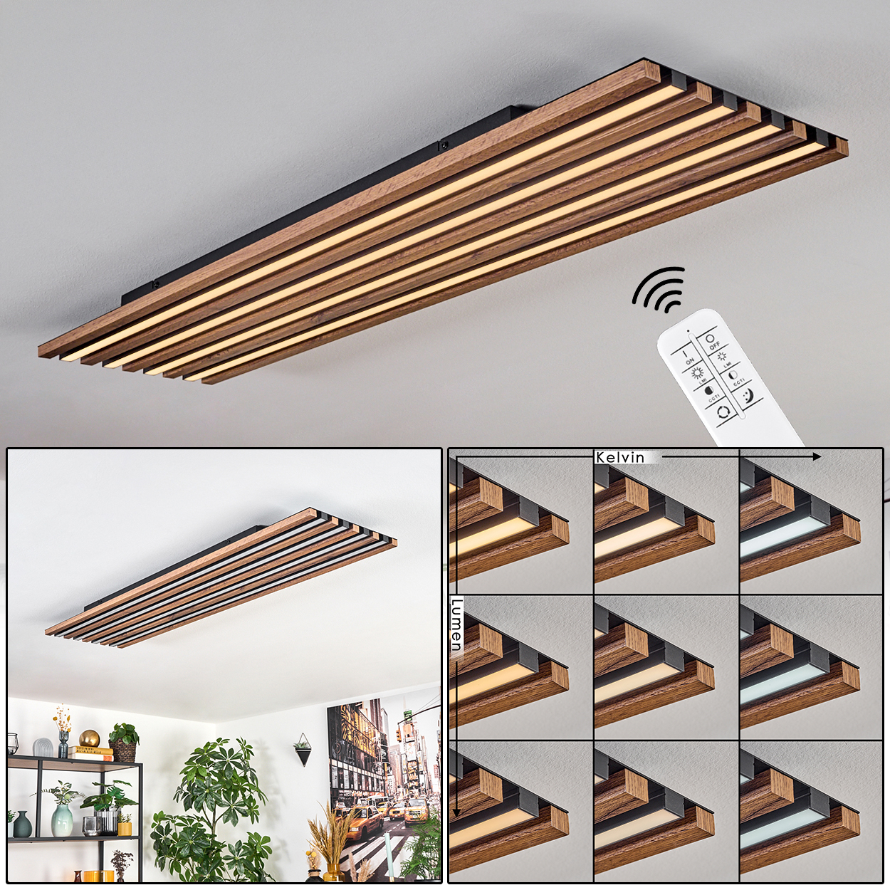 Eine Deckenleuchte mit Holzlamellen und schwarzem Rahmen. Eine Fernbedienung ist vorhanden, verschiedene Lichteinstellungen.