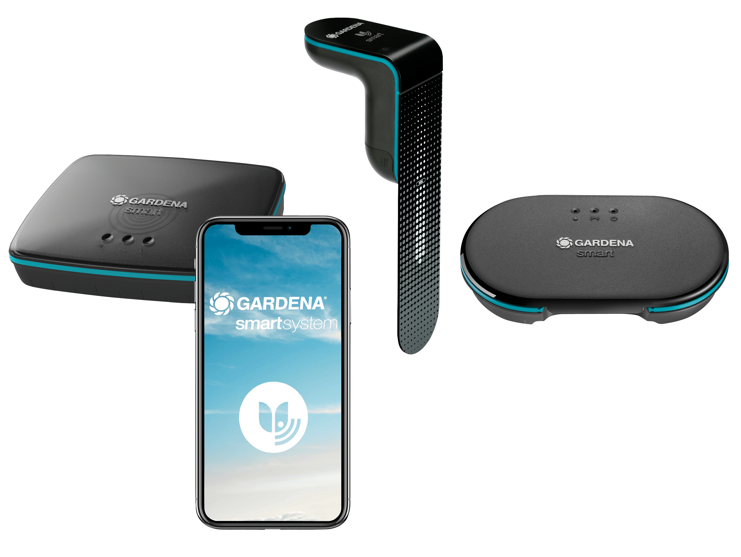 Drei Gardena Smart Home Geräte sind zusammen mit einem Smartphone, das die App anzeigt, abgebildet.
