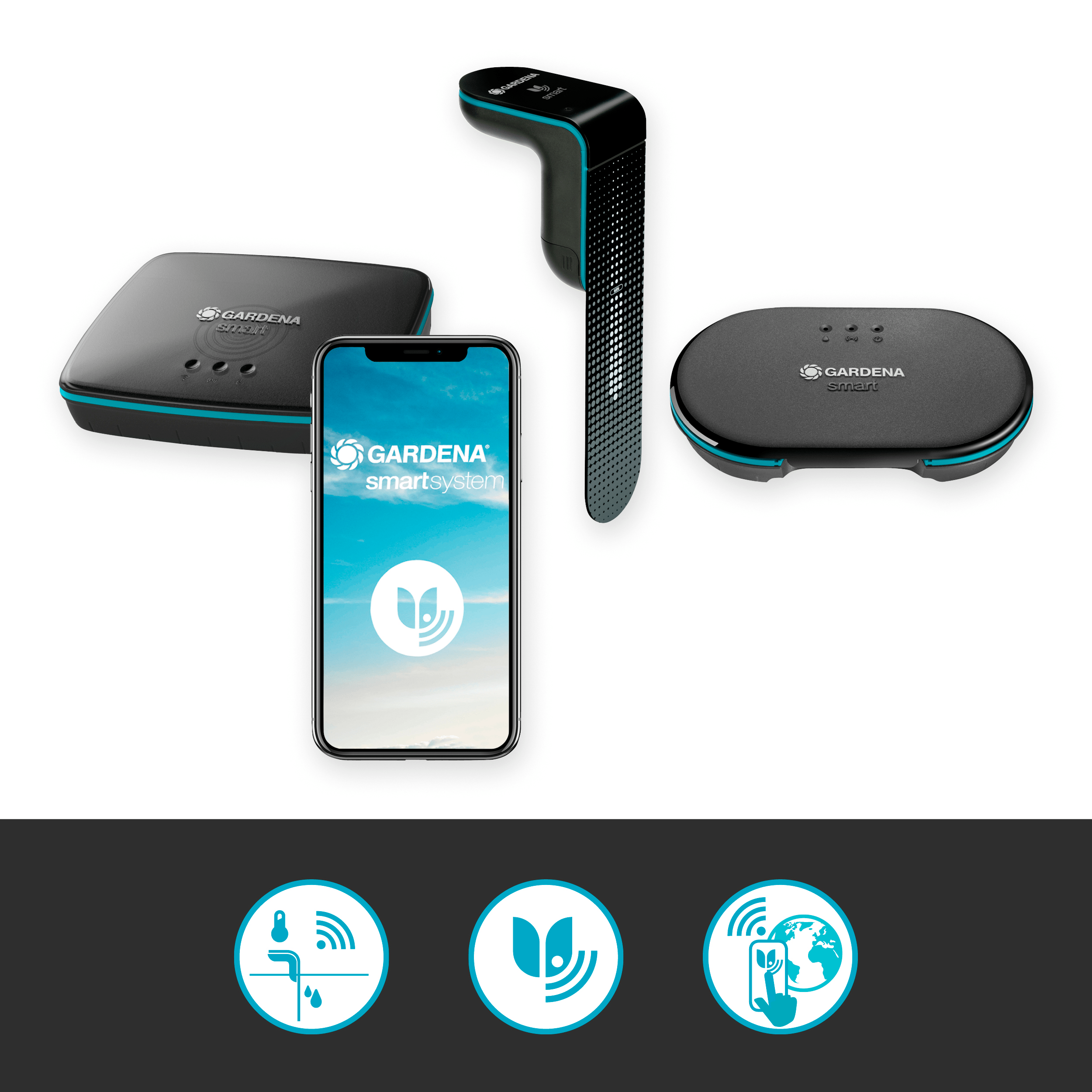 Drei Gardena Smart Home Geräte werden mit einem App-Symbol und drei weiteren Symbolen gezeigt.